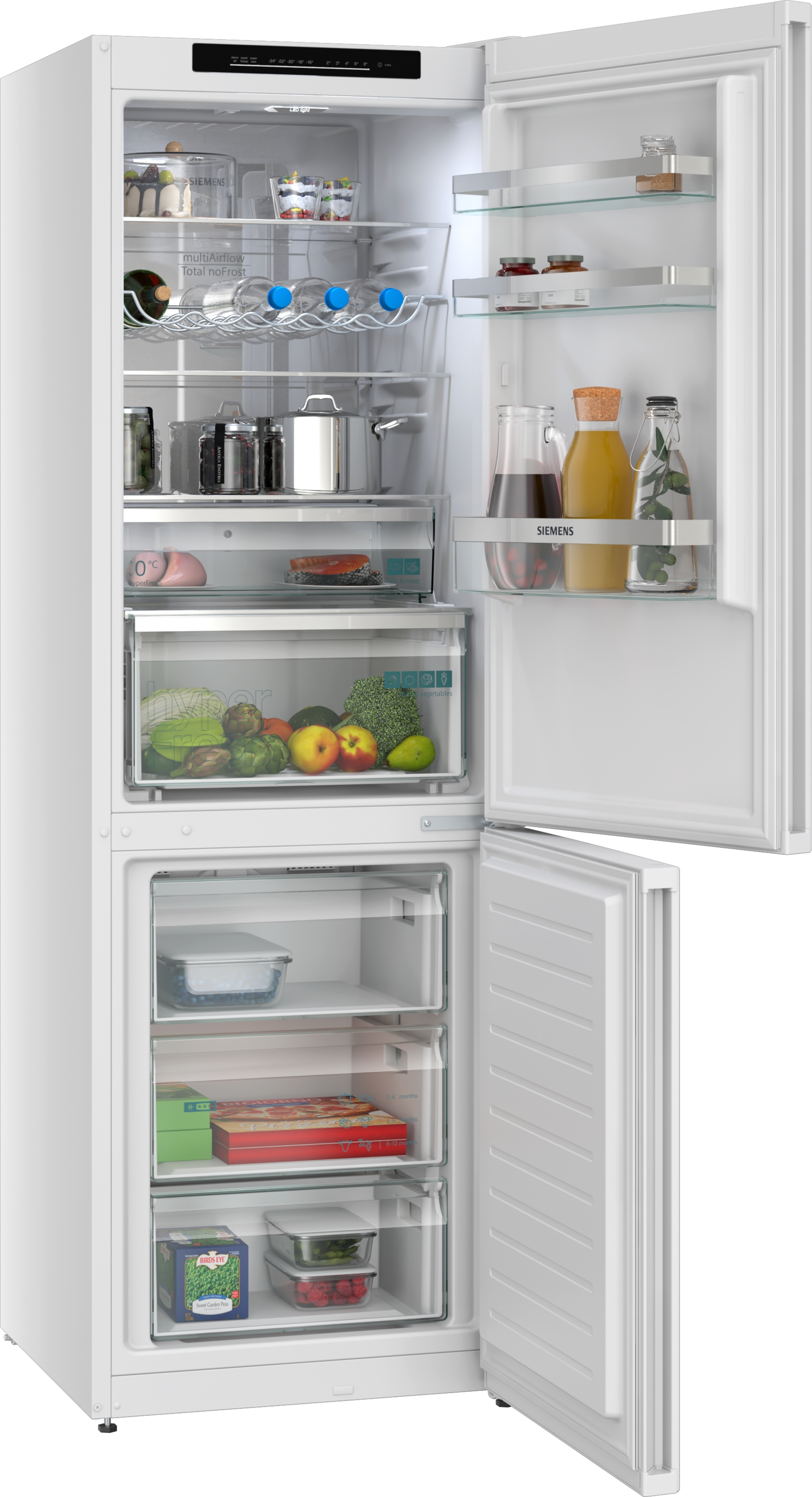Ein offener weißer Kühlschrank mit Lebensmitteln, einschließlich Gemüse, Obst und Getränken.