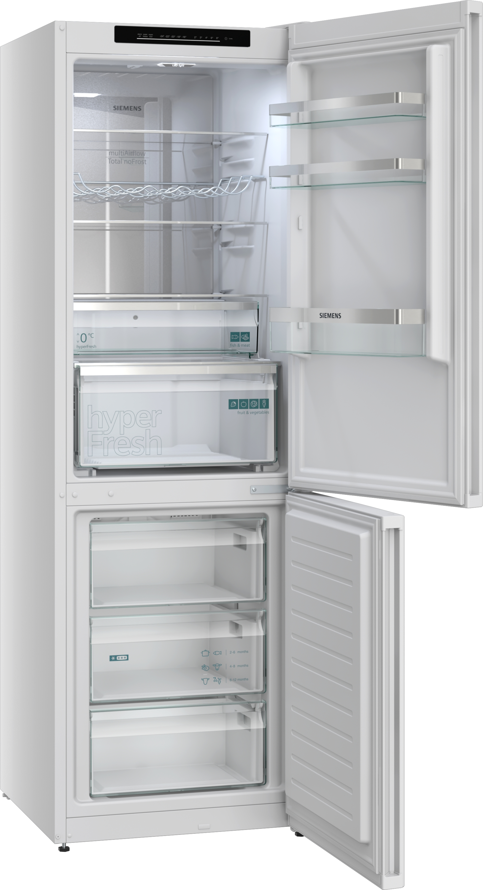 Ein weißer Siemens Kühlschrank mit offener Tür, Glasböden und Schubladen.