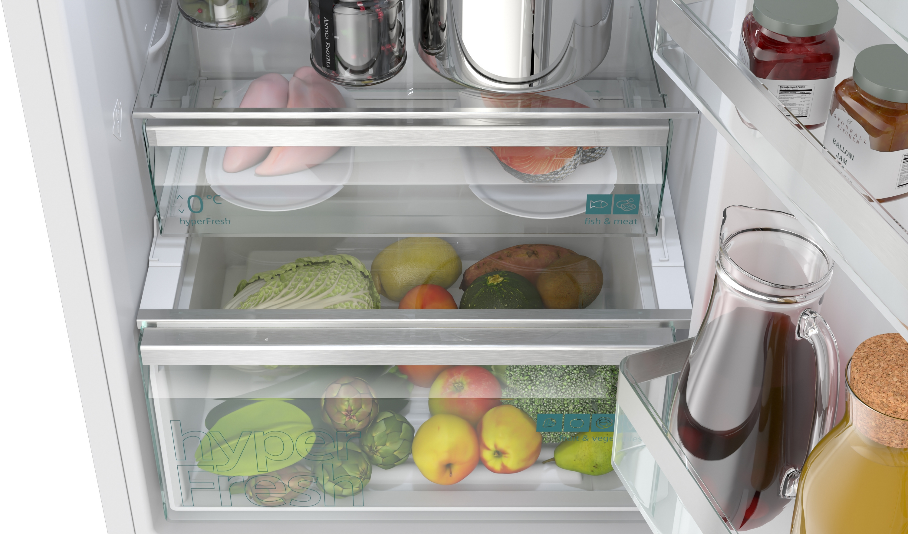 Ein Kühlschrank mit frischem Obst, Gemüse, Fisch und Fleisch.