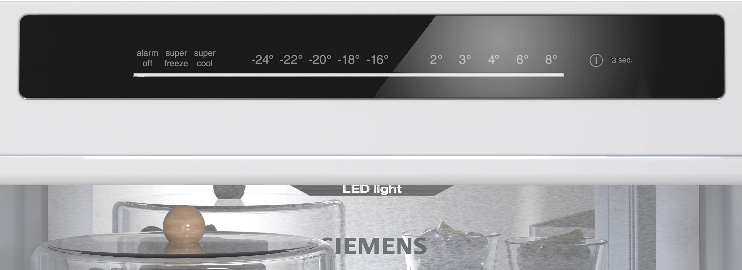 Kühlerdisplay mit Temperaturen von -24° bis 8°C, Alarmfunktion und LED-Licht.