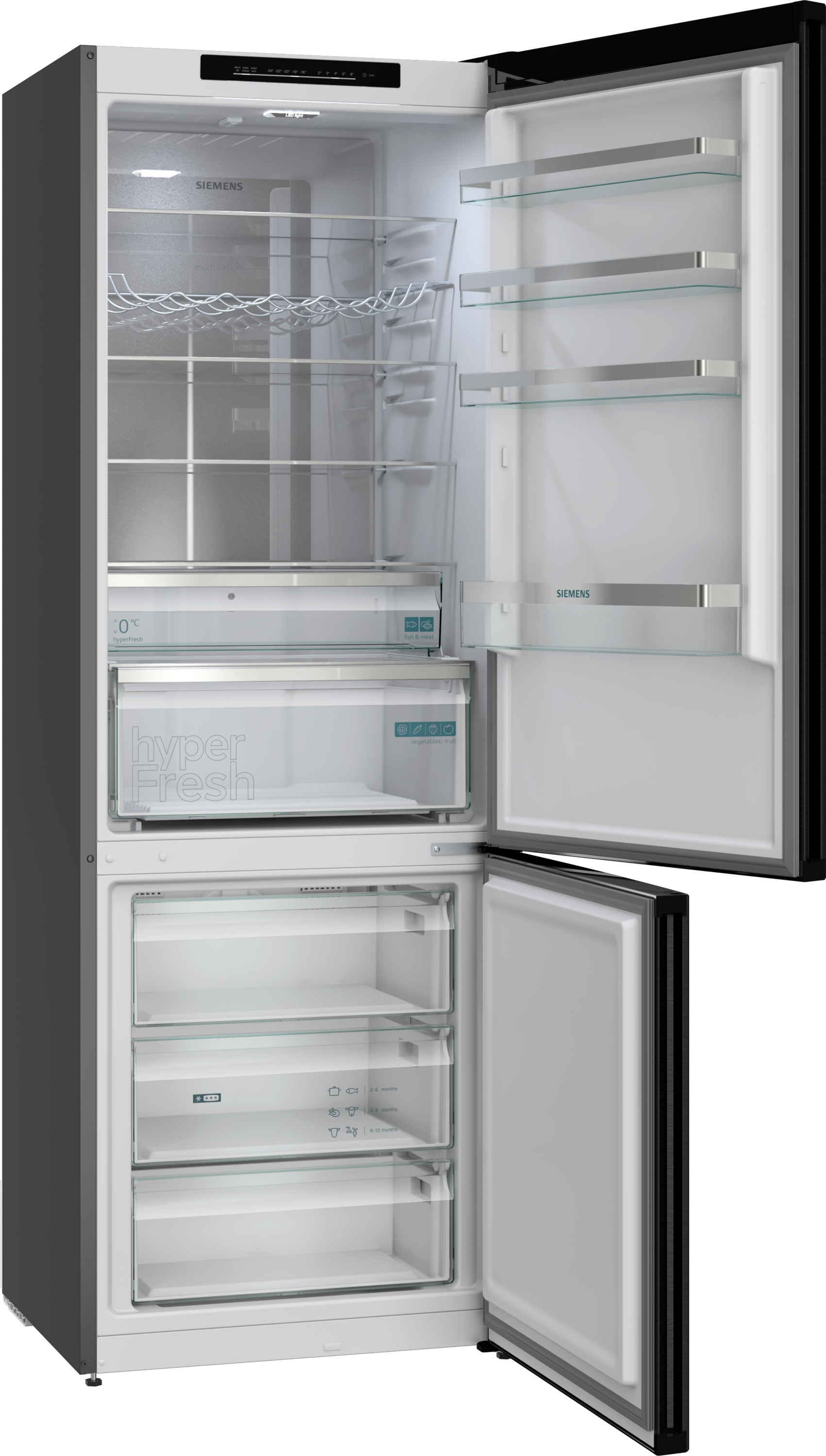 Ein offener Siemens-Kühlschrank mit Glasablagen und Schubladen. Innenbeleuchtung ist an.