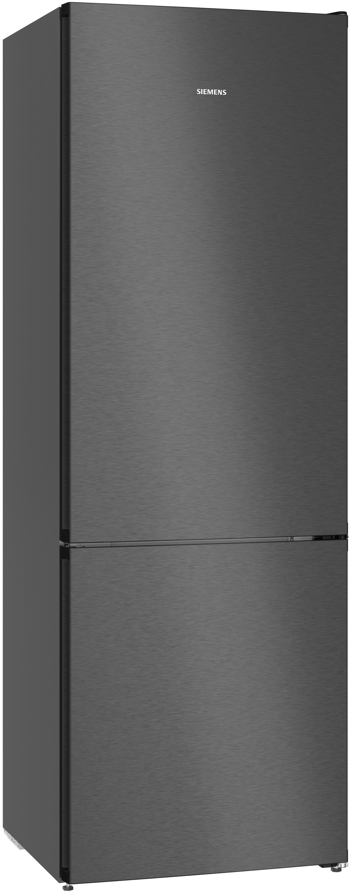 Ein dunkler Siemens Kühlschrank mit gebürsteter Metalloberfläche und zwei Türen.