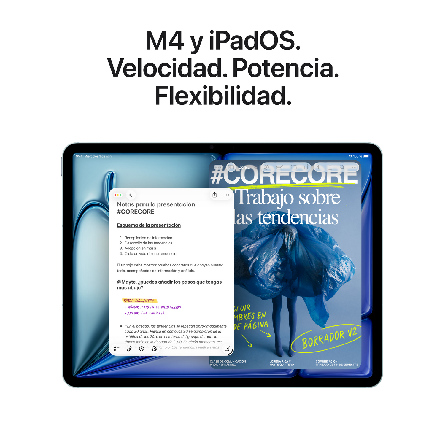 Una tablet muestra notas y una presentación sobre tendencias. M4 y iPadOS.