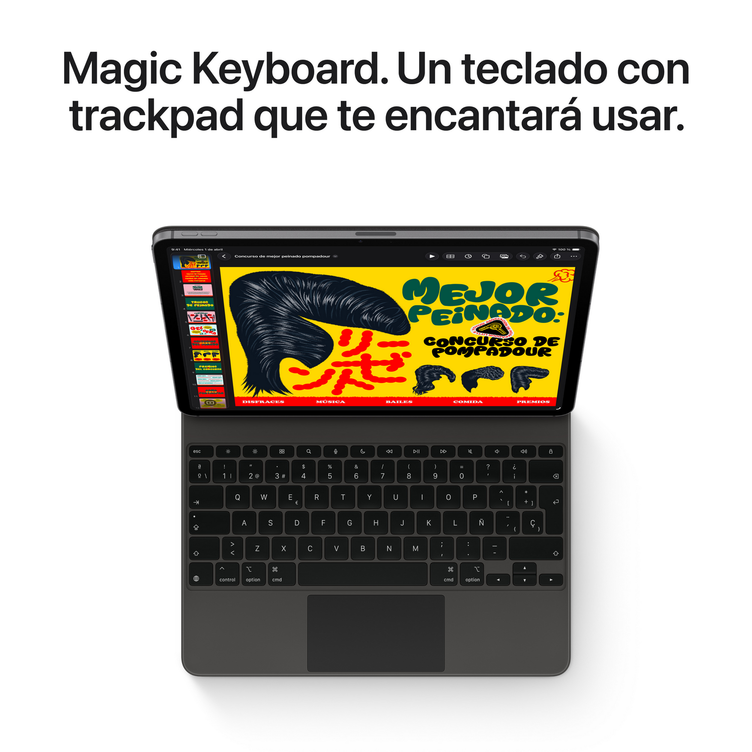 Un Magic Keyboard con trackpad y tablet que muestra un concurso de "Mejor Peinado".