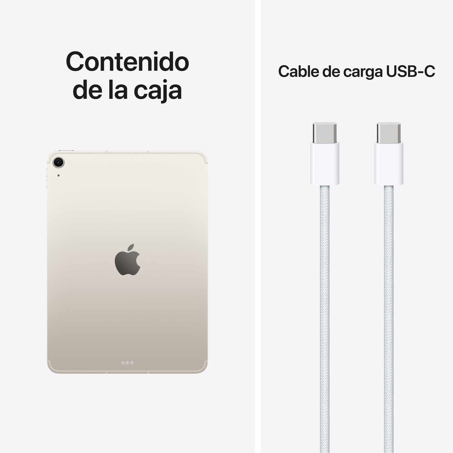 Un iPad dorado con logo de Apple y dos cables de carga USB-C blancos.