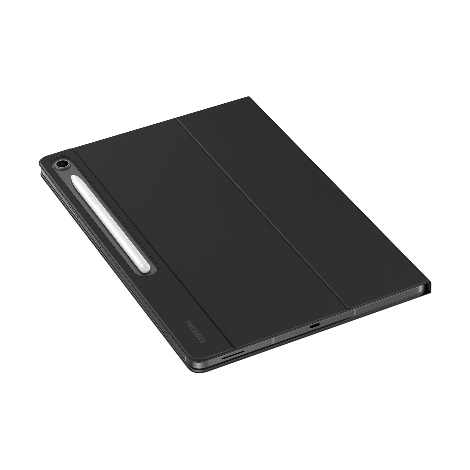 Un tablet nero con stilo nella sua custodia, su sfondo bianco.