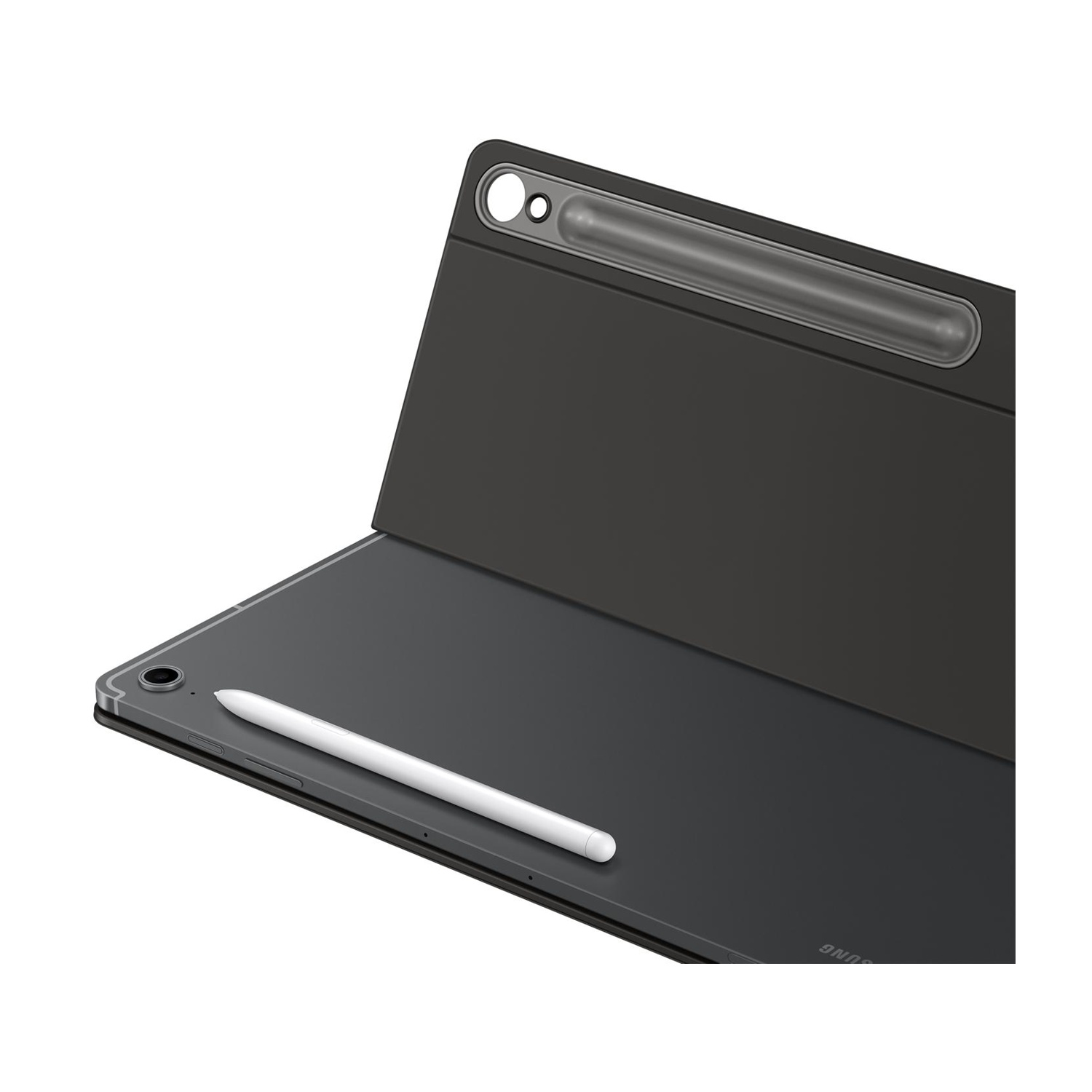 Un tablet nero con stilo e cover, su sfondo bianco.