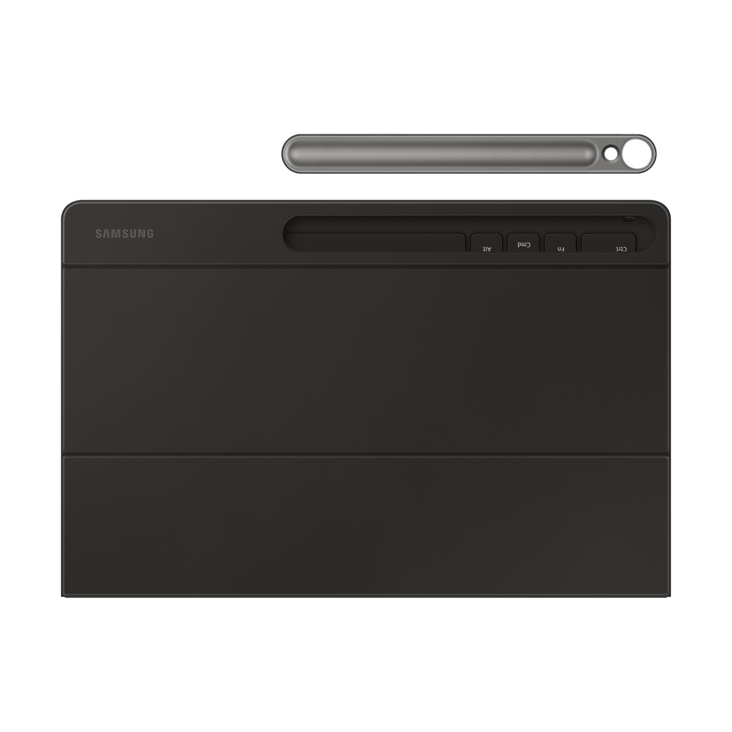Una cover nera per tablet Samsung con portapenne e tastiera.