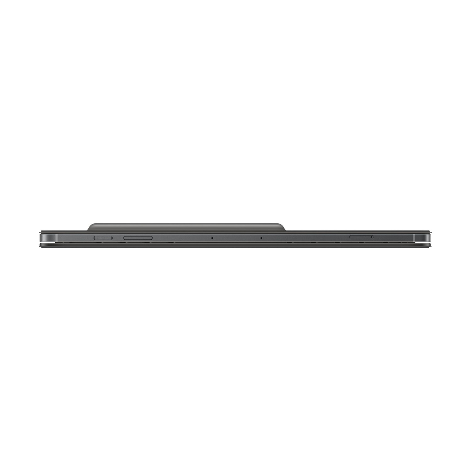 Tablet grigio di lato, con pulsanti e porte.