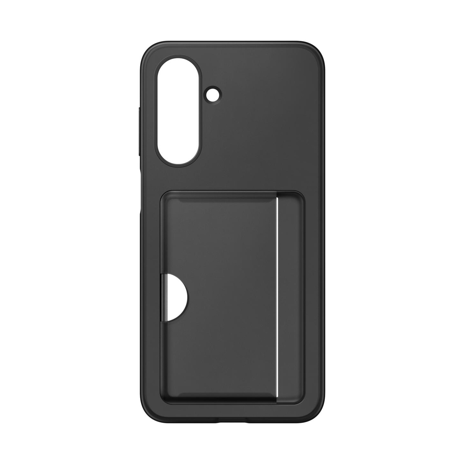 Custodia nera per telefono con slot per carte e ritaglio fotocamera.