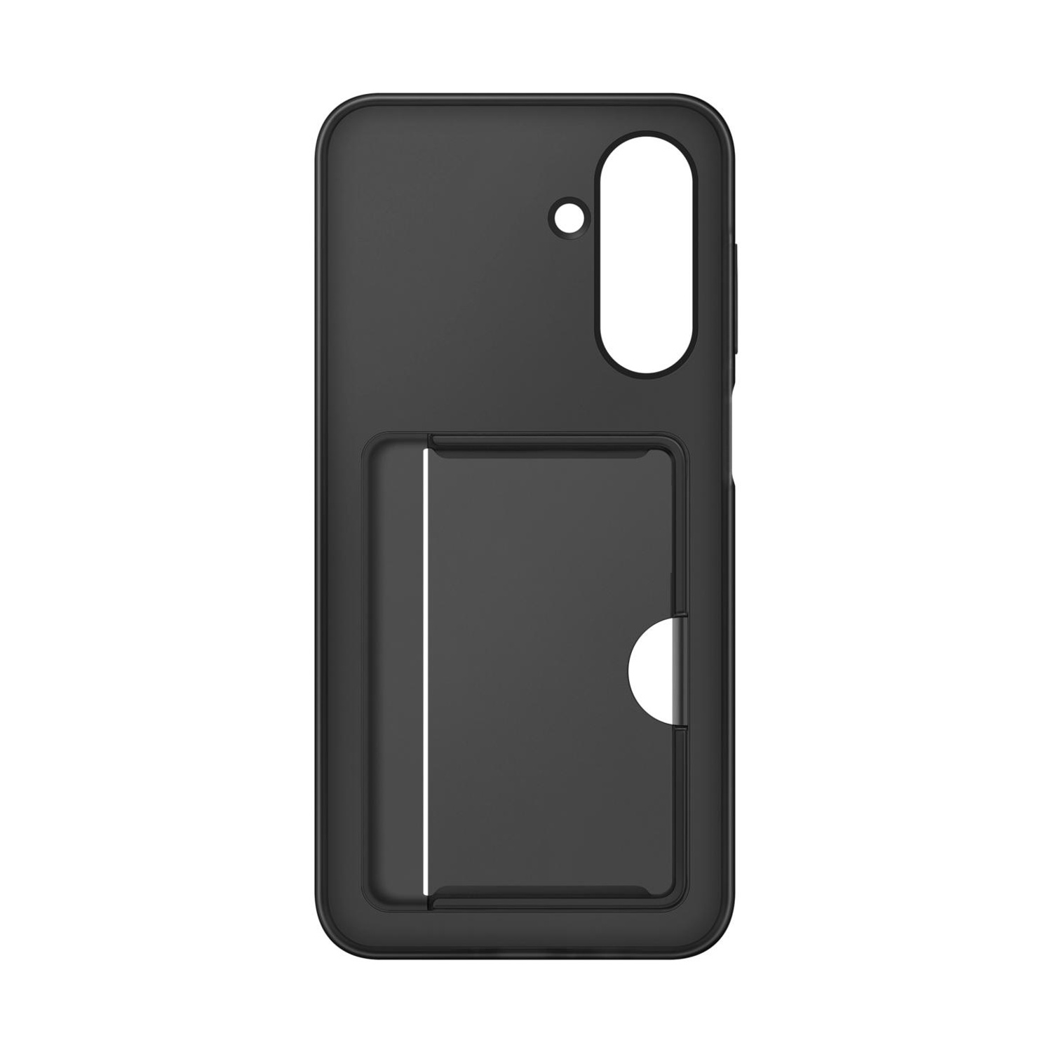 Custodia nera per telefono con slot per carte e apertura fotocamera.