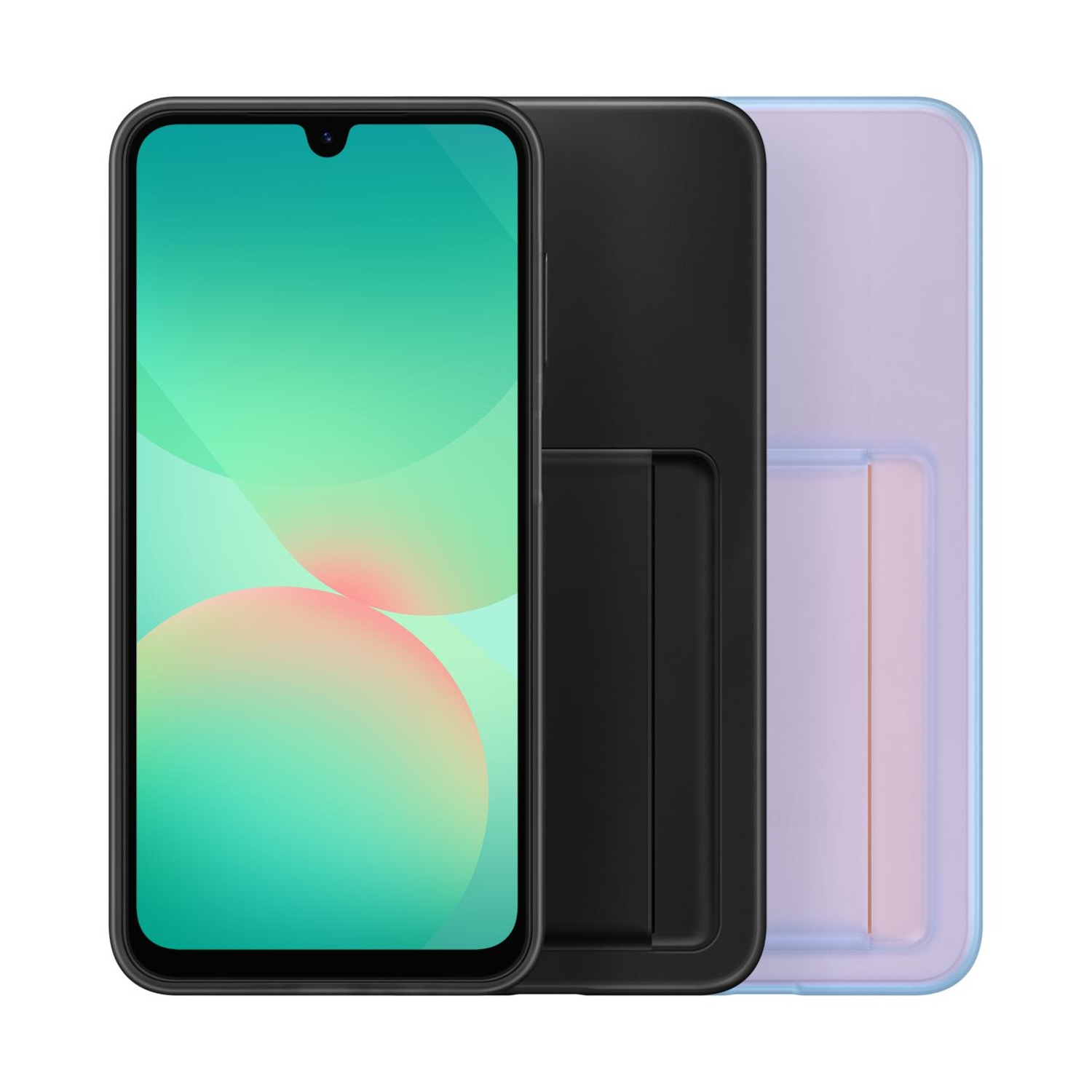 Uno smartphone nero con display sfumato, accanto a custodie nere e traslucide.
