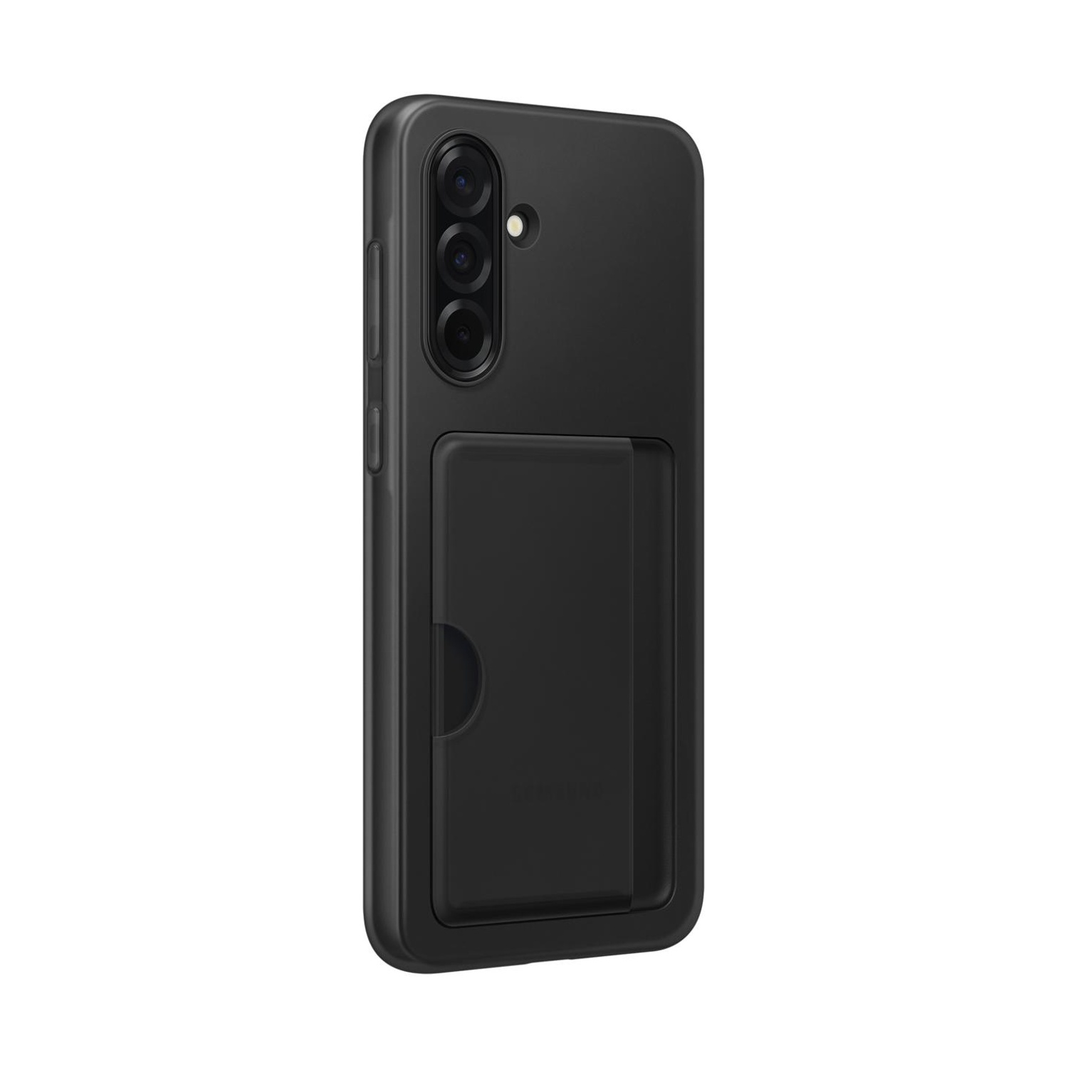Custodia nera per telefono con portacarte e ritaglio tripla fotocamera.