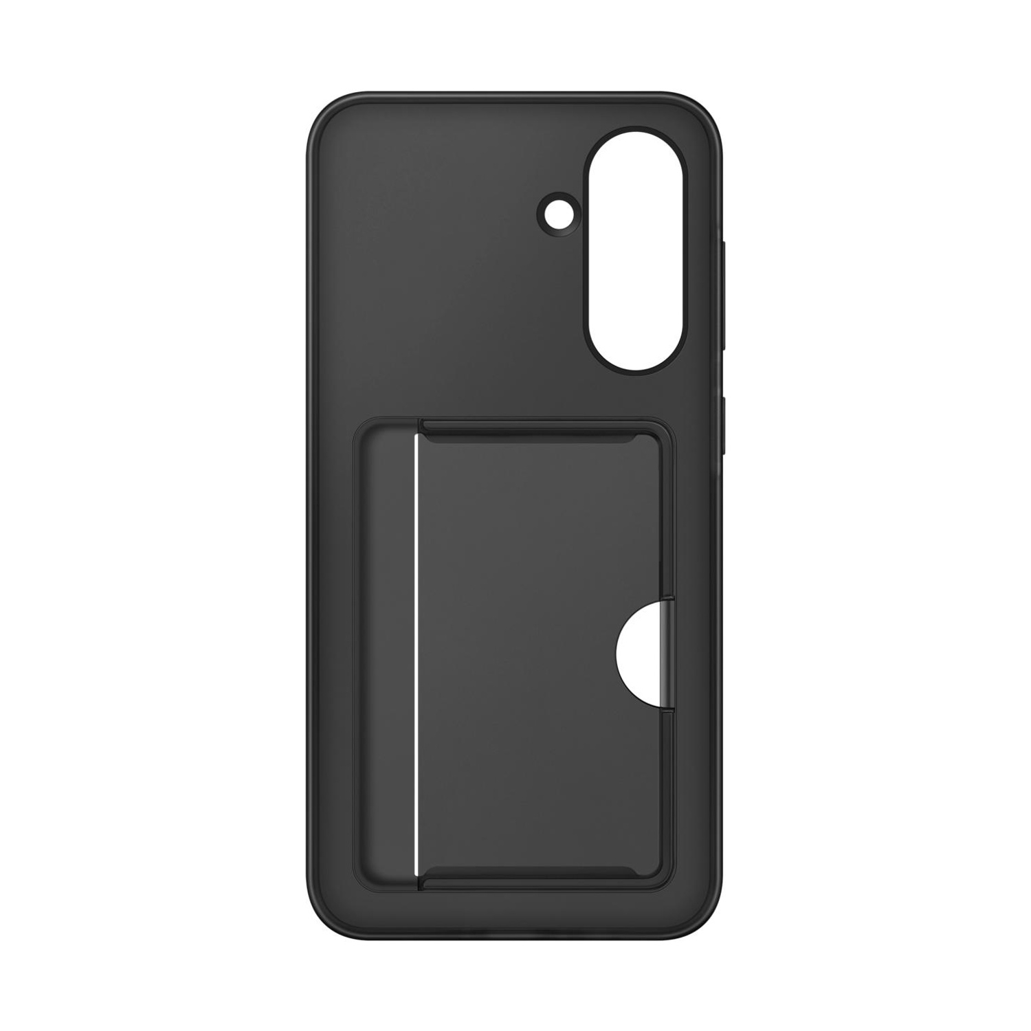 Custodia nera per telefono con slot per carte e ritaglio fotocamera.