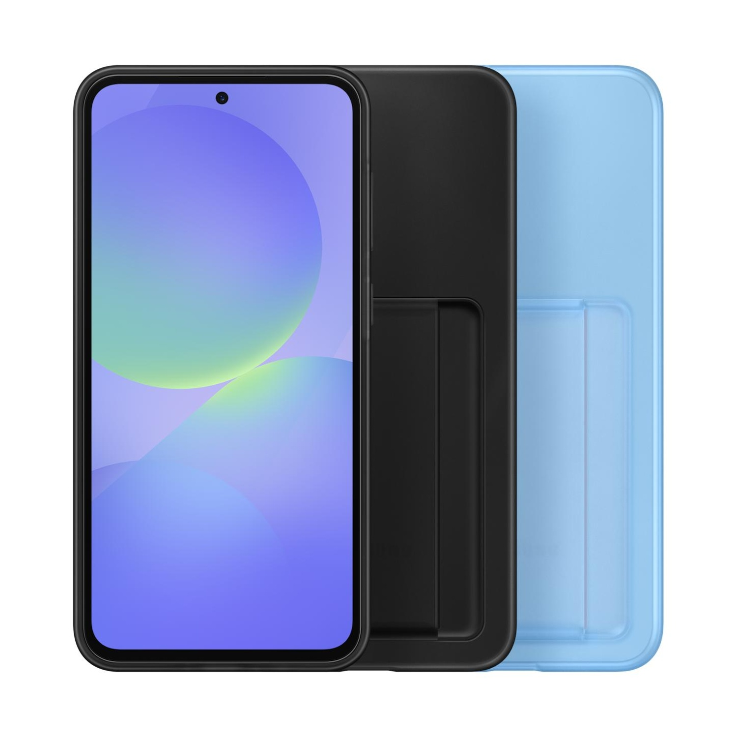 Uno smartphone nero con sfondo blu e una custodia accanto.