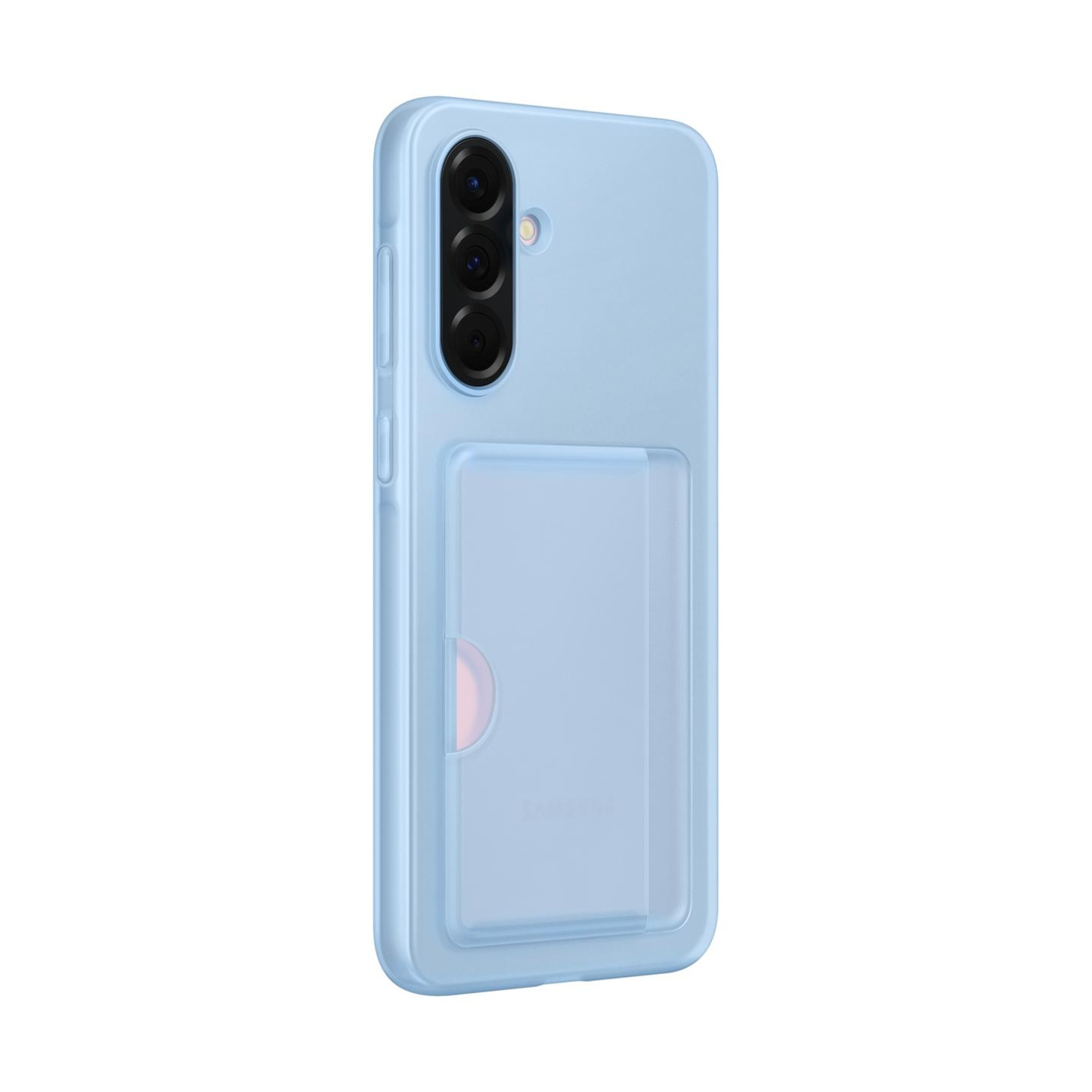 Custodia blu chiaro per telefono con tre fotocamere e uno slot per carte.
