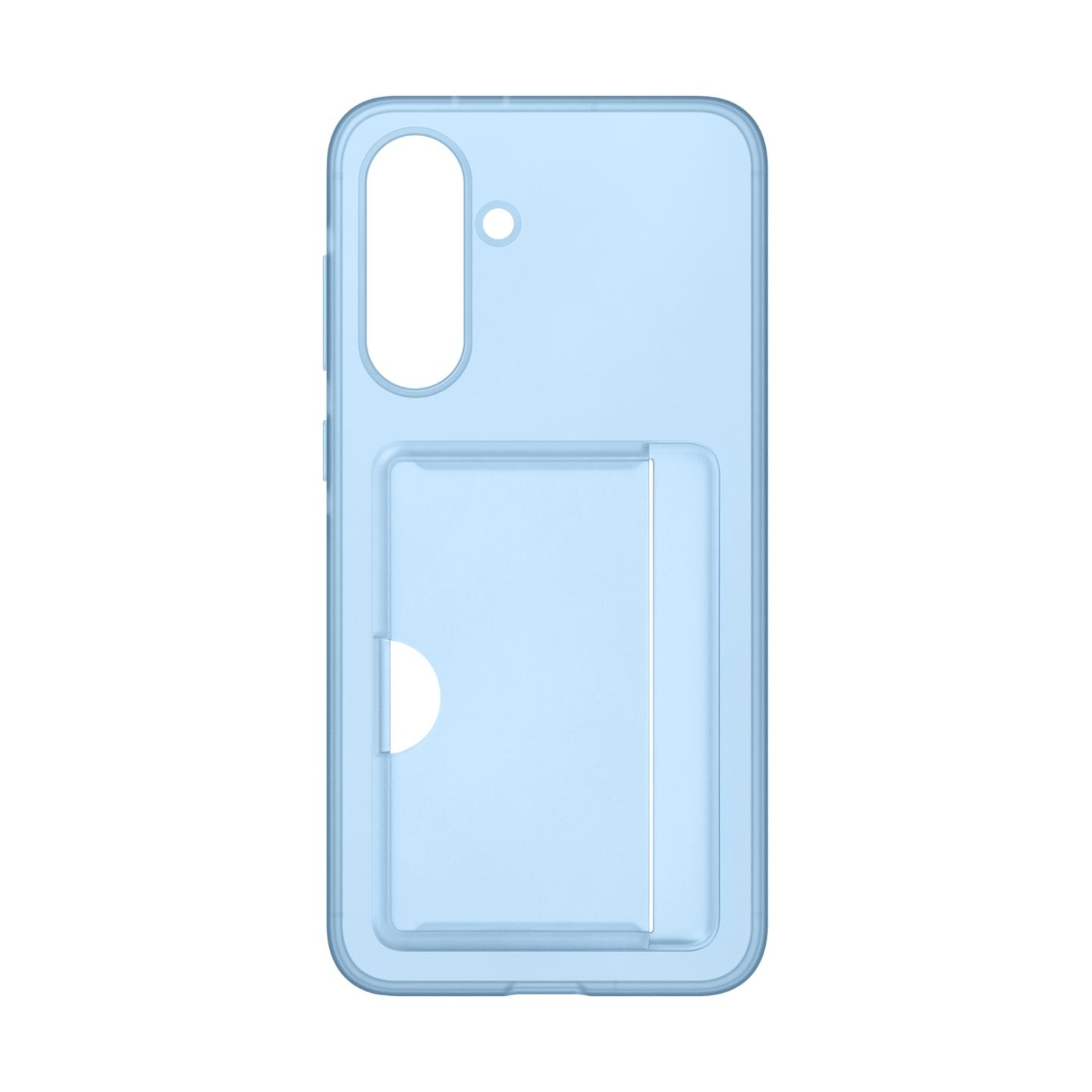 Custodia azzurra per telefono con slot per carte e ritaglio fotocamera.