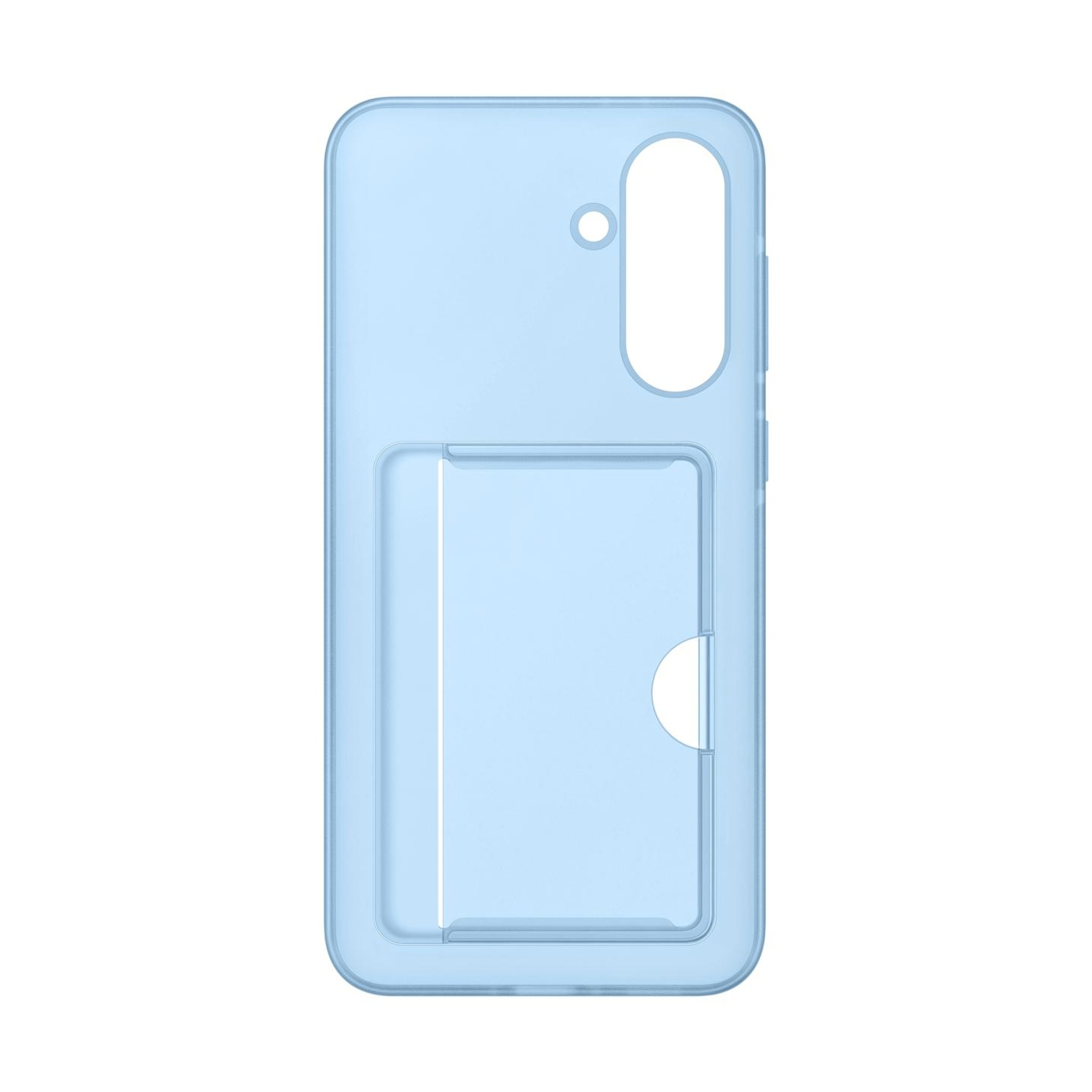 Custodia per telefono traslucida azzurra con porta carte e ritaglio fotocamera.