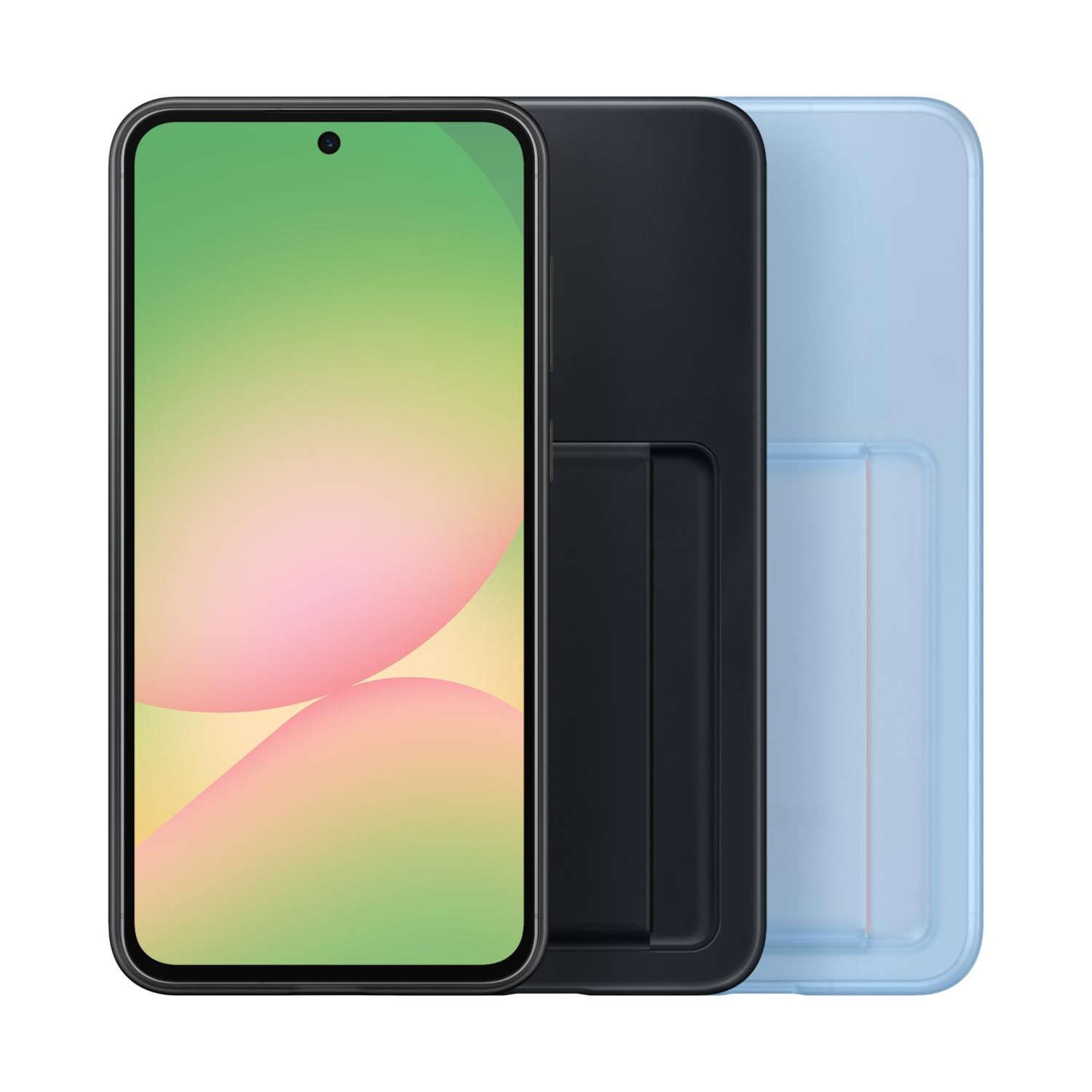 Uno smartphone nero con custodia blu e sfondo verde-rosa.