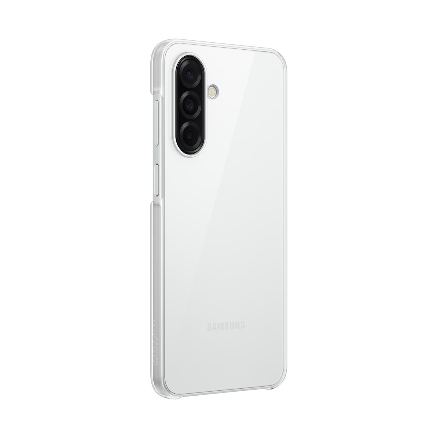 Un telefono Samsung trasparente con tre fotocamere sul retro.