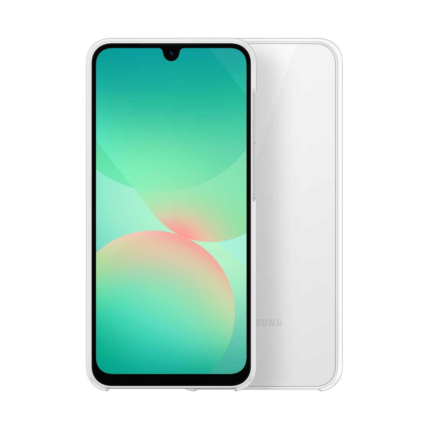 Uno smartphone bianco in custodia trasparente, con sfondo verde.