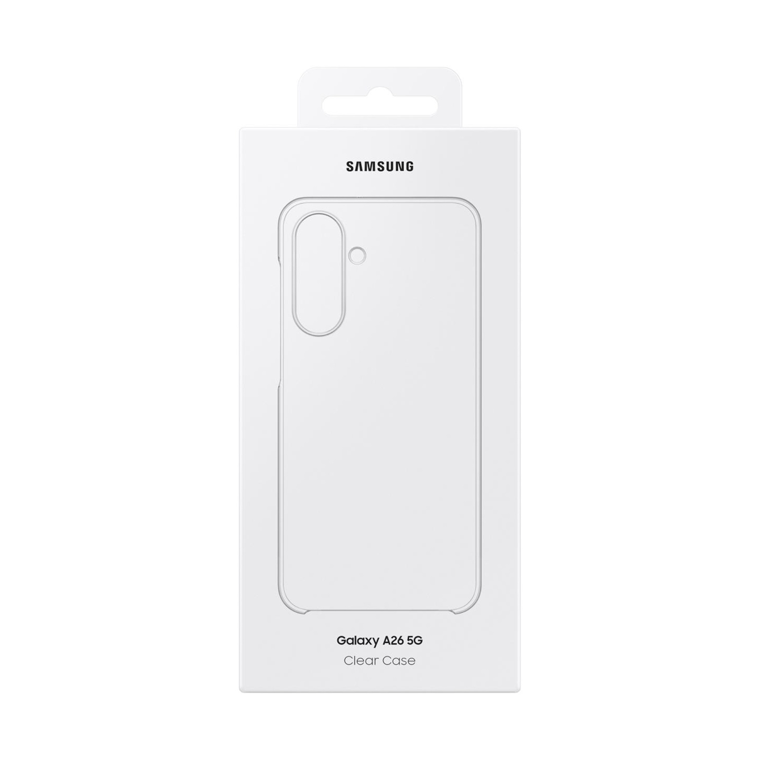 Custodia trasparente Samsung Galaxy A26 5G in confezione bianca.