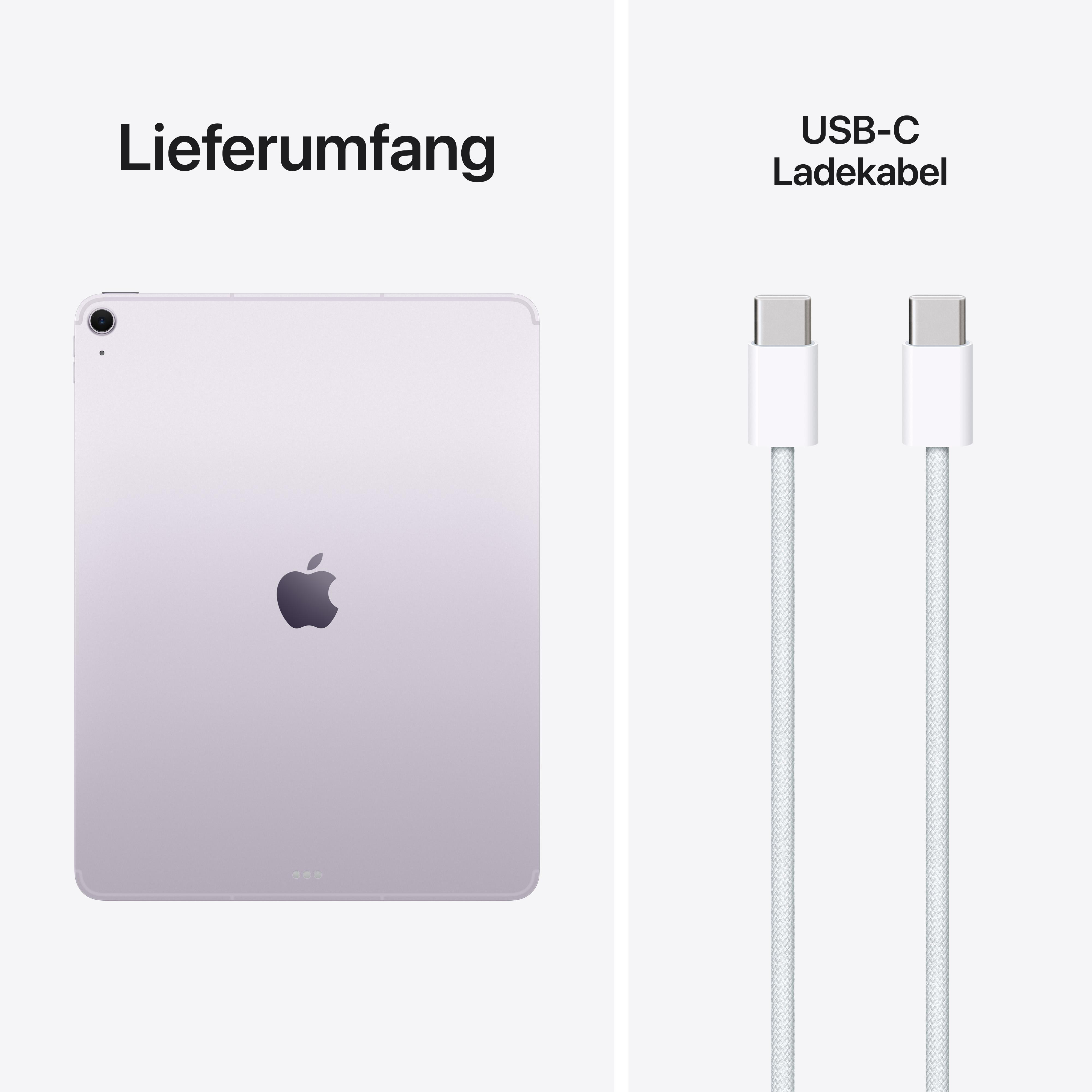 Lila iPad Air mit Apple Logo und zwei weißen USB-C Ladekabeln.