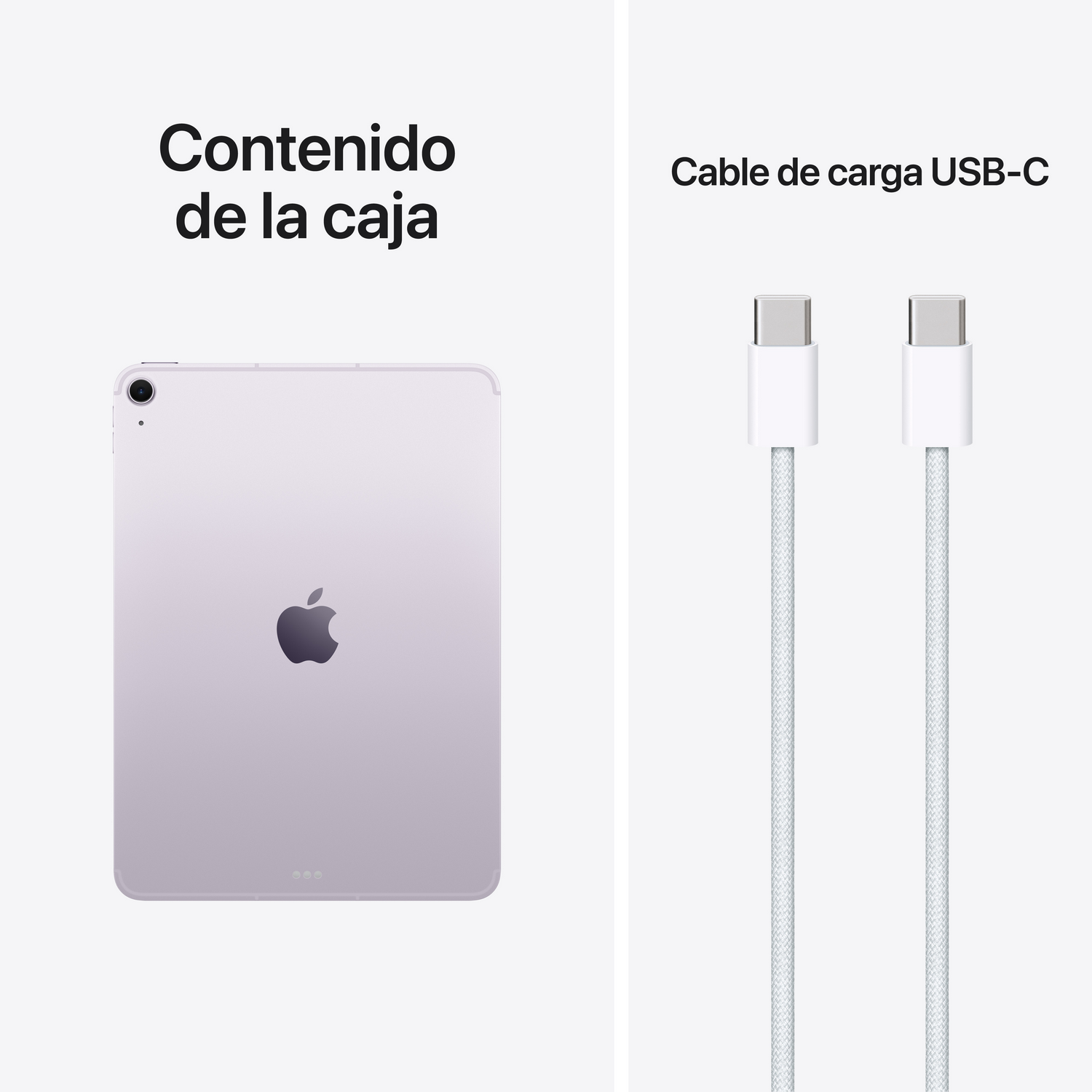 Tablet morada con logo de Apple y dos cables USB-C.
