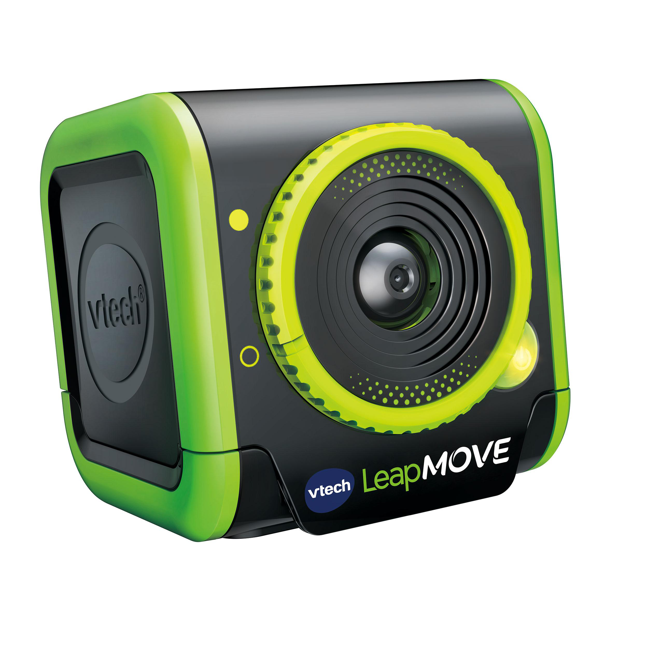 Ein grünes und schwarzes VTech LeapMove Spielzeug mit Kameraobjektiv.