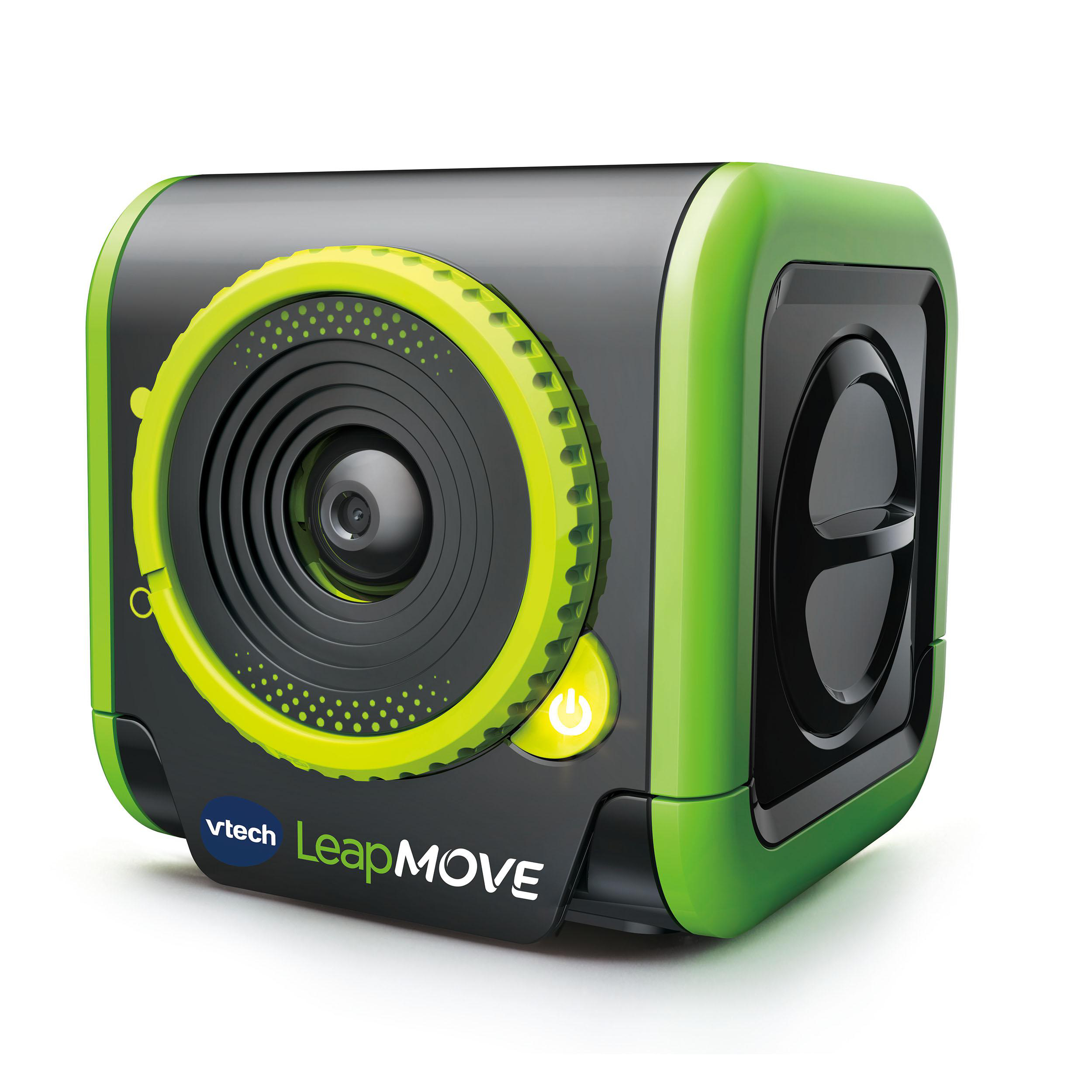 Grüne und schwarze VTech LeapMOVE Kamera mit Objektiv und Power-Knopf.