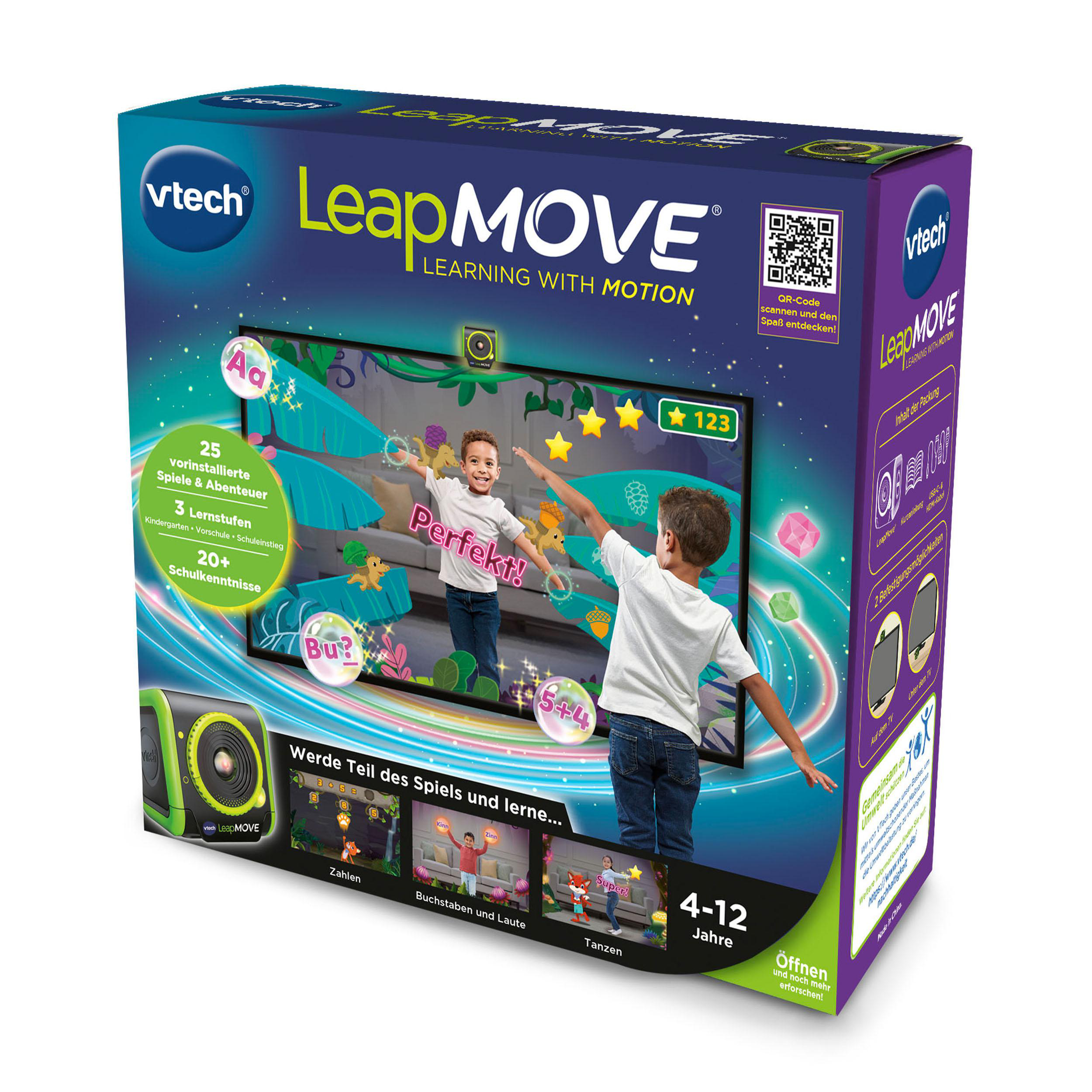Vtech LeapMOVE Lernspielzeug-Box zeigt Kinder beim Spielen, mit Zahlen und Buchstaben.
