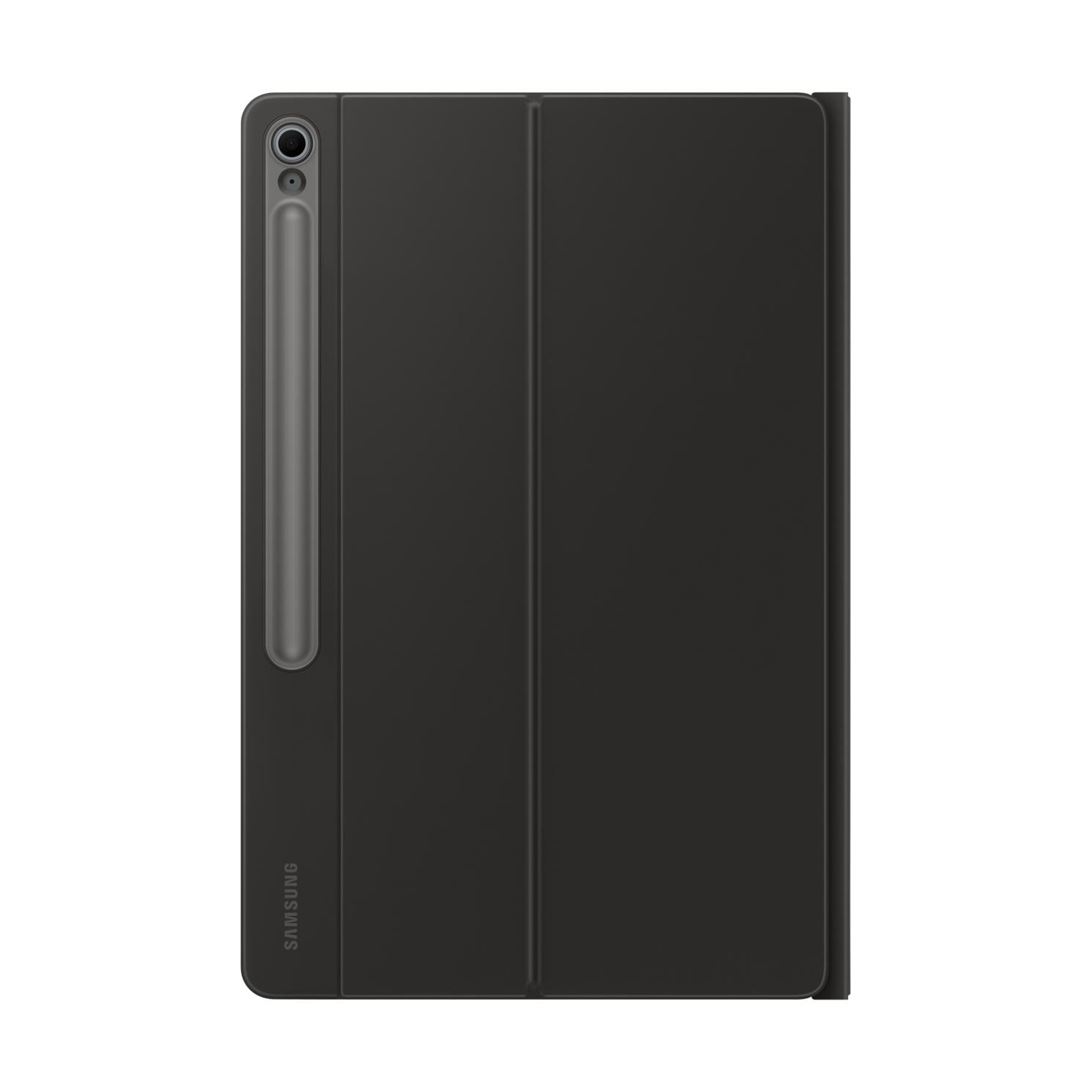 Custodia nera per tablet con portapenne e logo Samsung. Aperta sul lato sinistro.