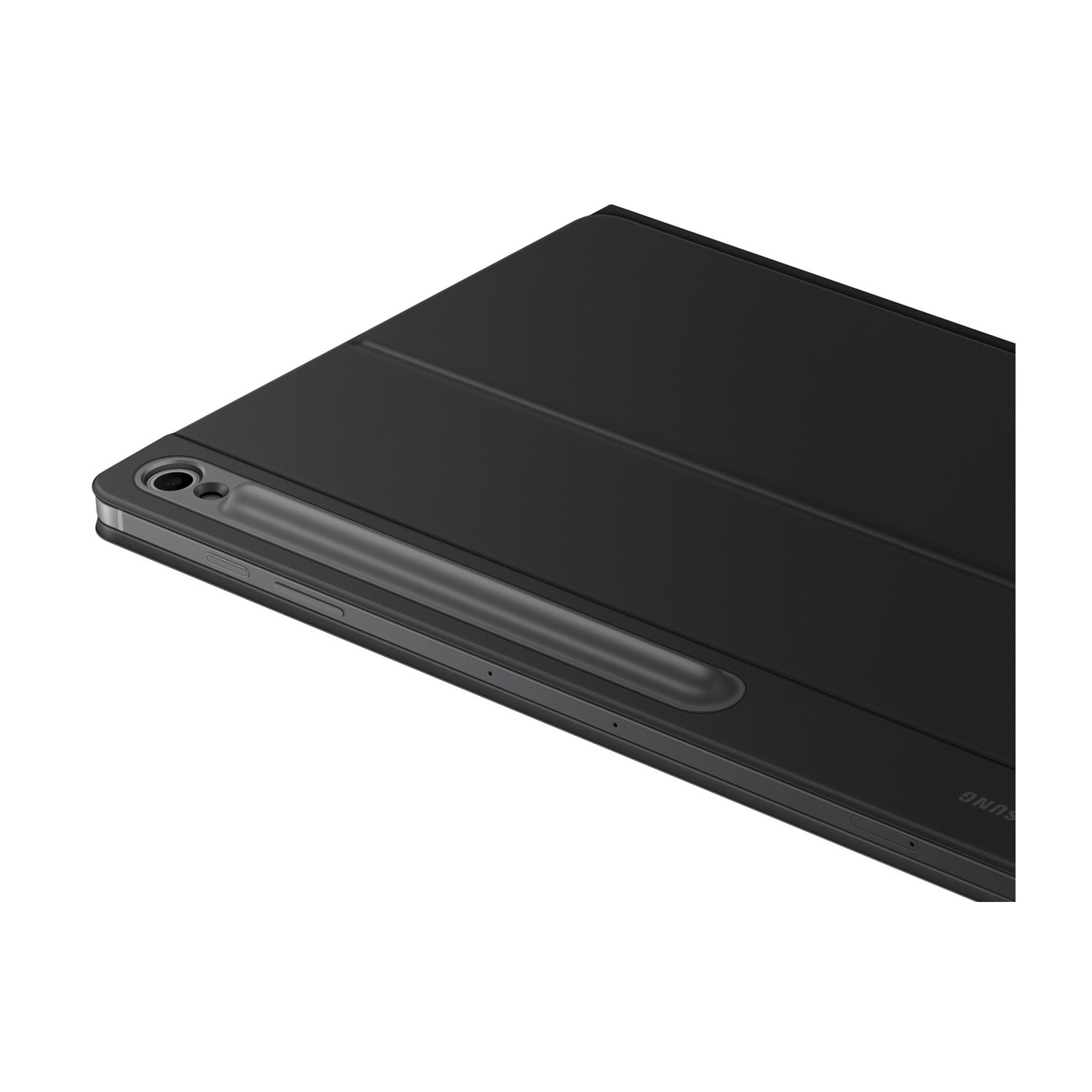 Un tablet nero in una custodia grigio scuro è inclinato su uno sfondo bianco, con uno slot per lo stilo visibile.