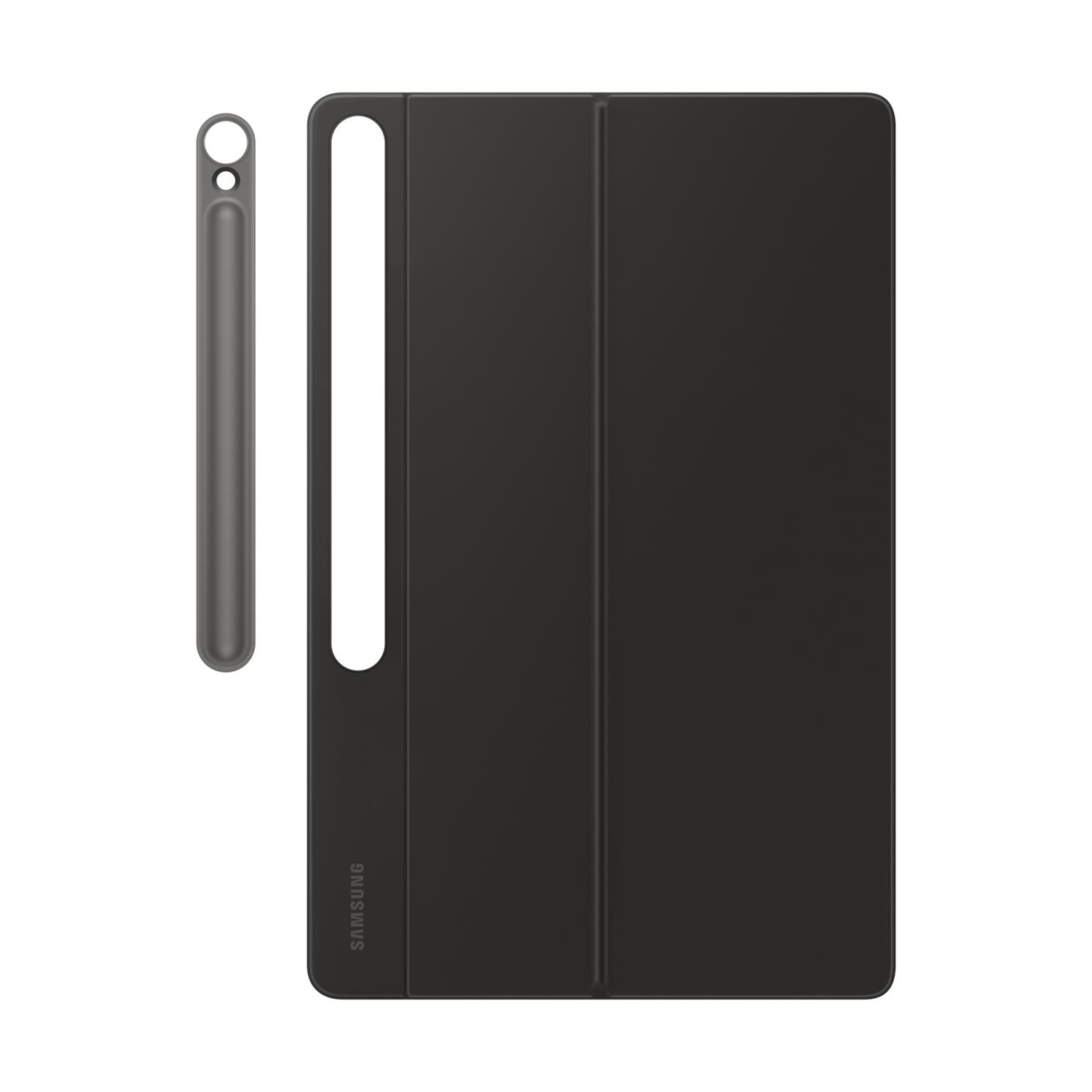 Una custodia nera per tablet e un portapenne su sfondo bianco.