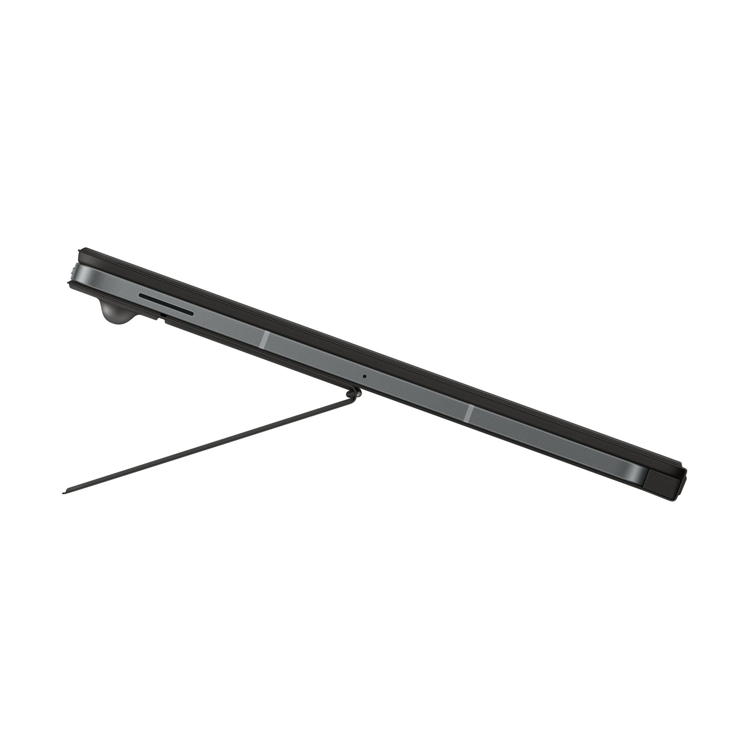 Un tablet nero con cavalletto esteso su sfondo bianco.