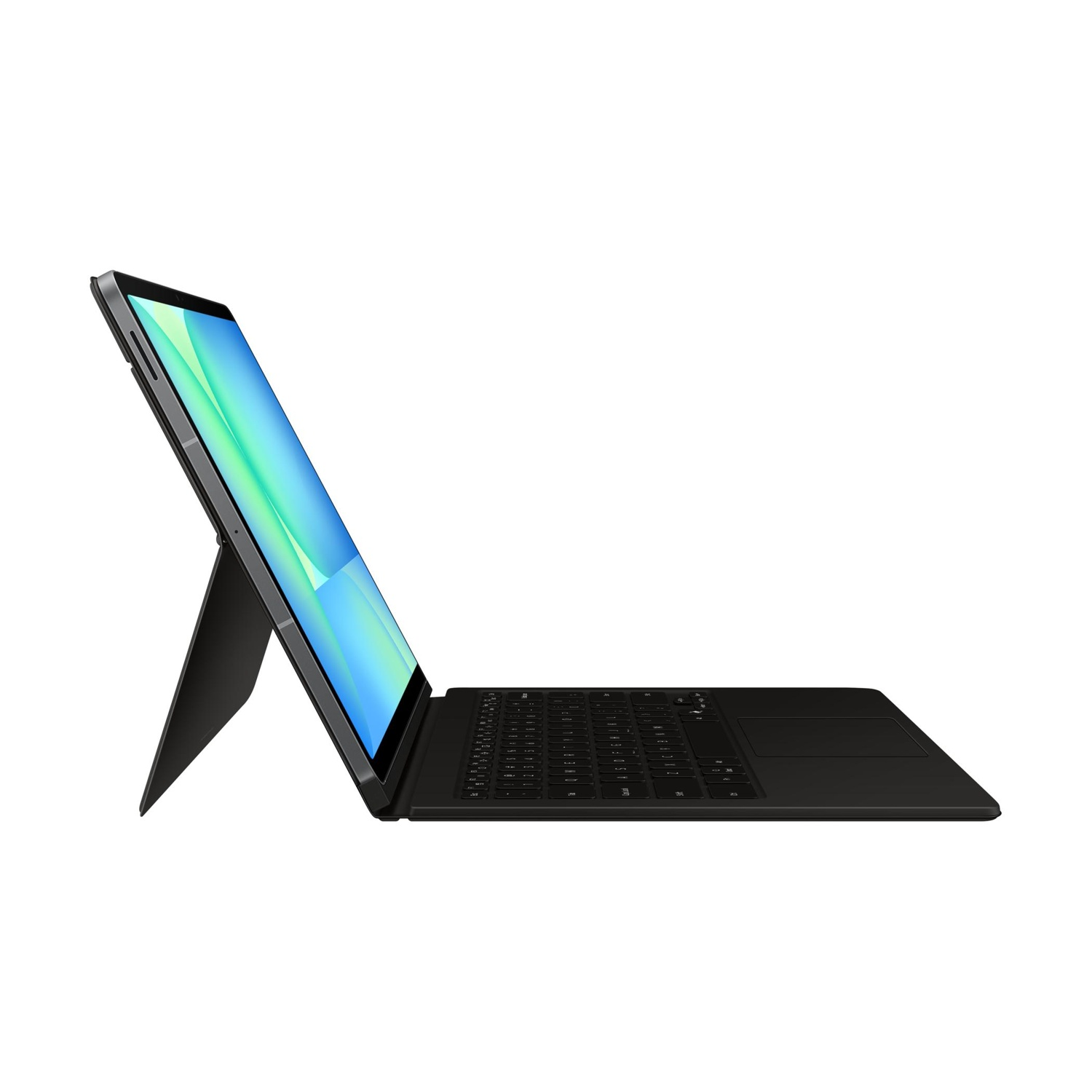 Un laptop con tastiera e supporto neri, che mostra il suo schermo.
