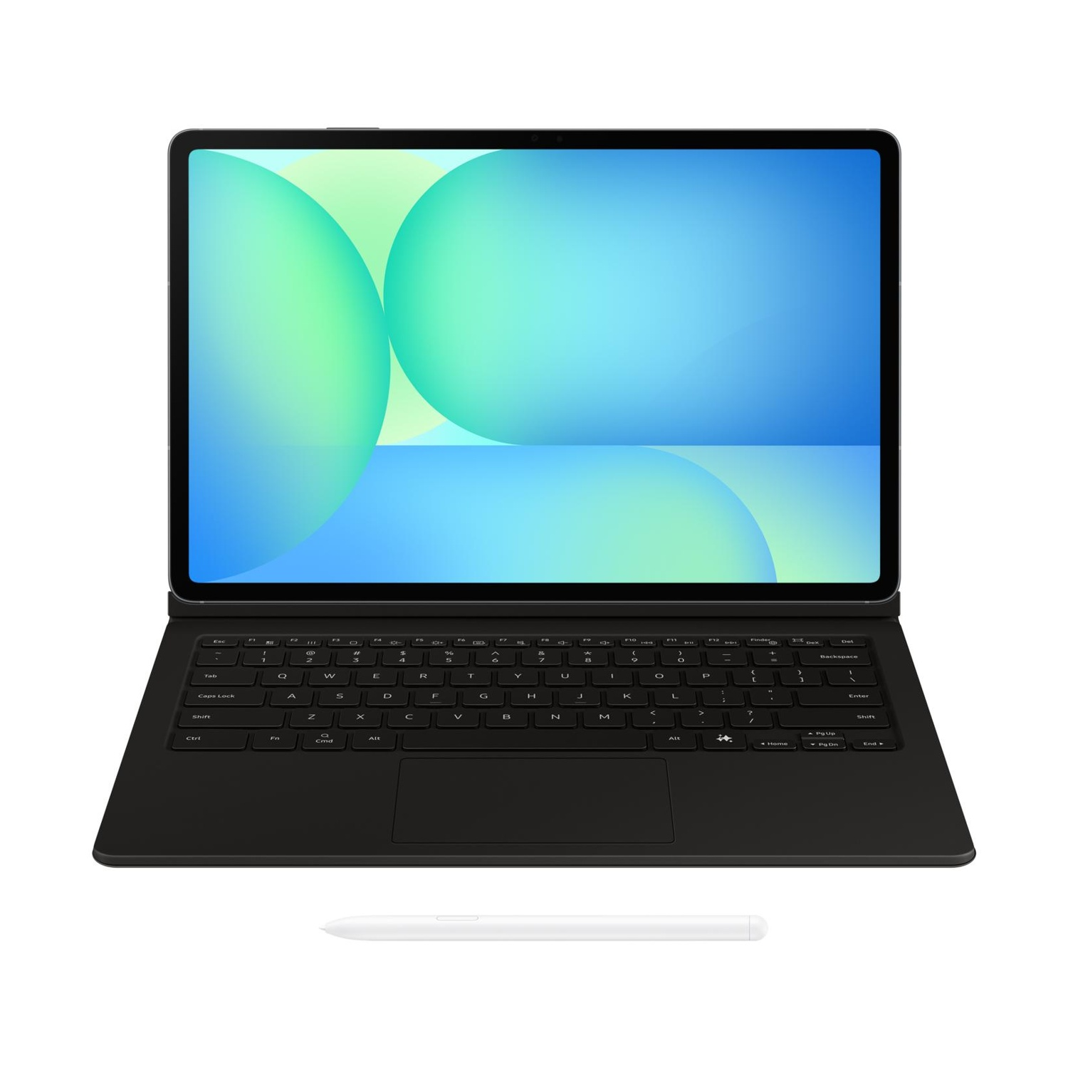 Un tablet nero con tastiera e stilo su sfondo bianco.