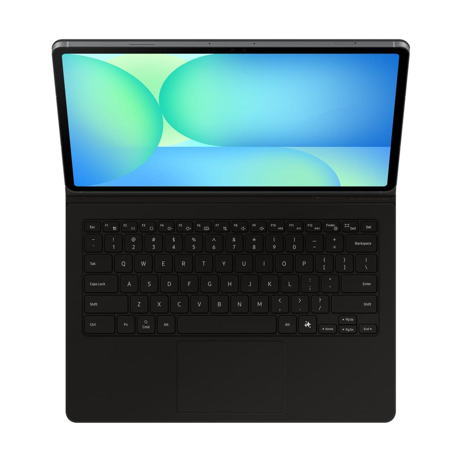 Un tablet aperto con cover tastiera. Lo schermo mostra cerchi verdi e blu.
