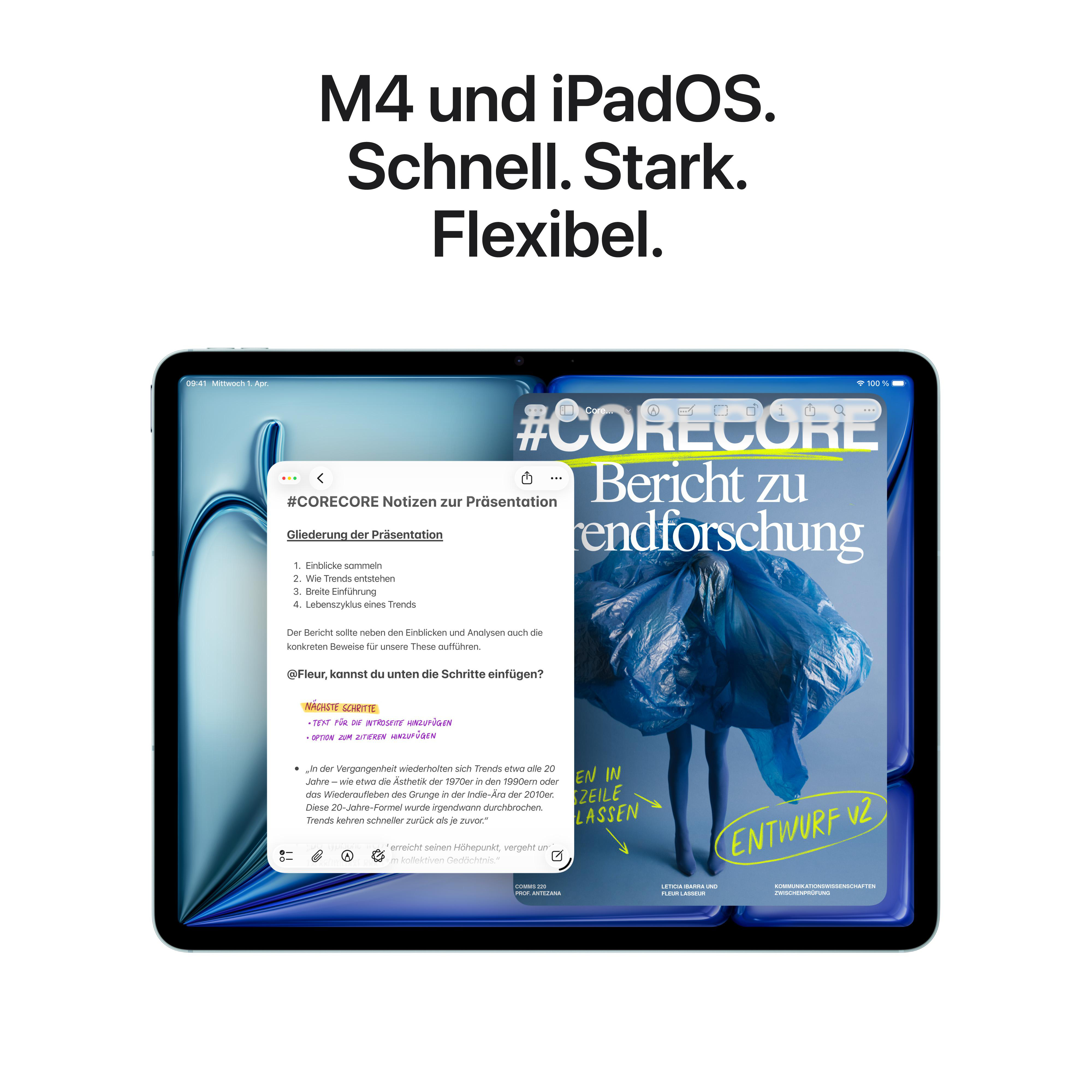 Ein iPad zeigt Notizen und eine Zeitschrift-Titelseite mit einer Person in blauer Kleidung.