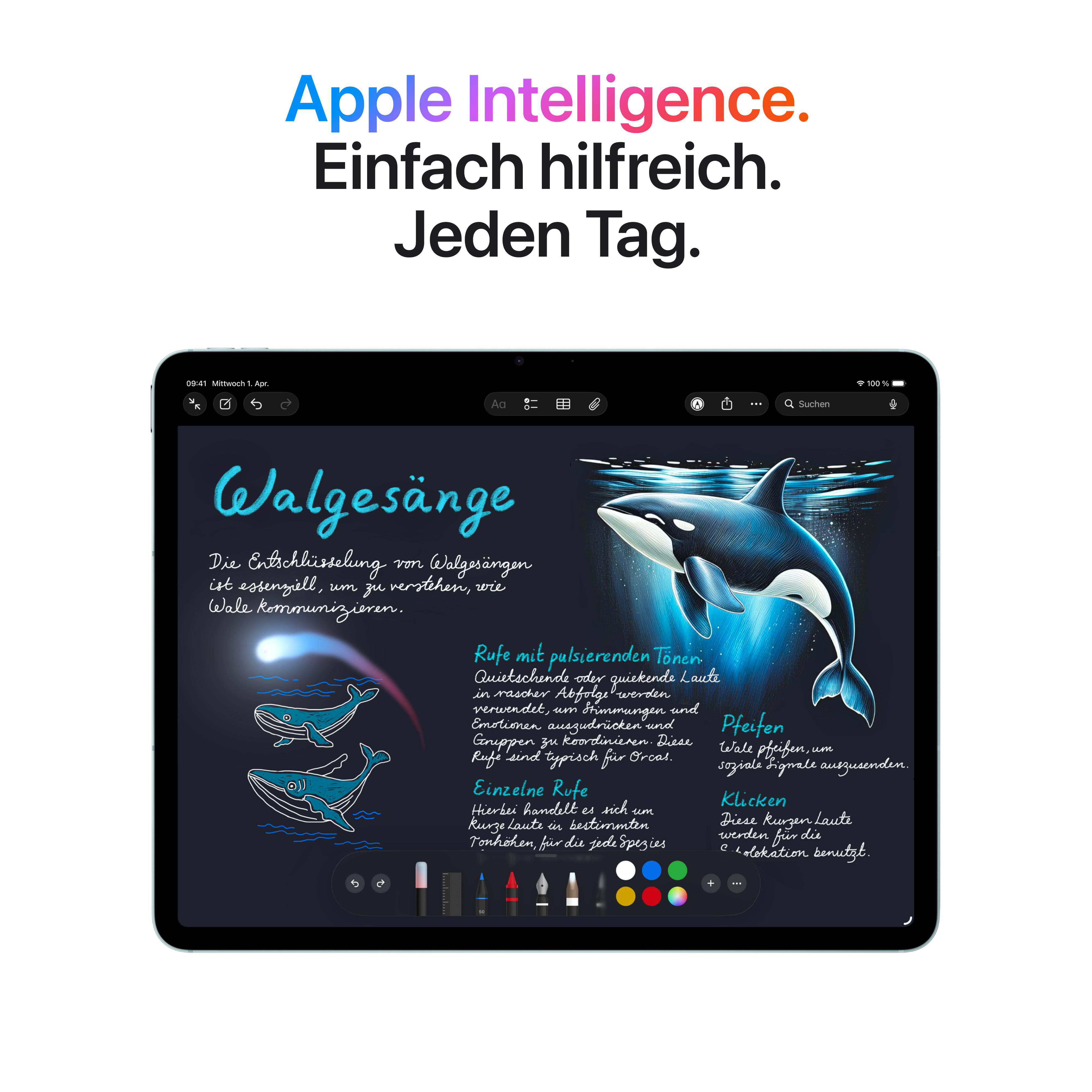 Ein Tablet zeigt Walgesänge mit Illustrationen von Walen und erklärendem Text.