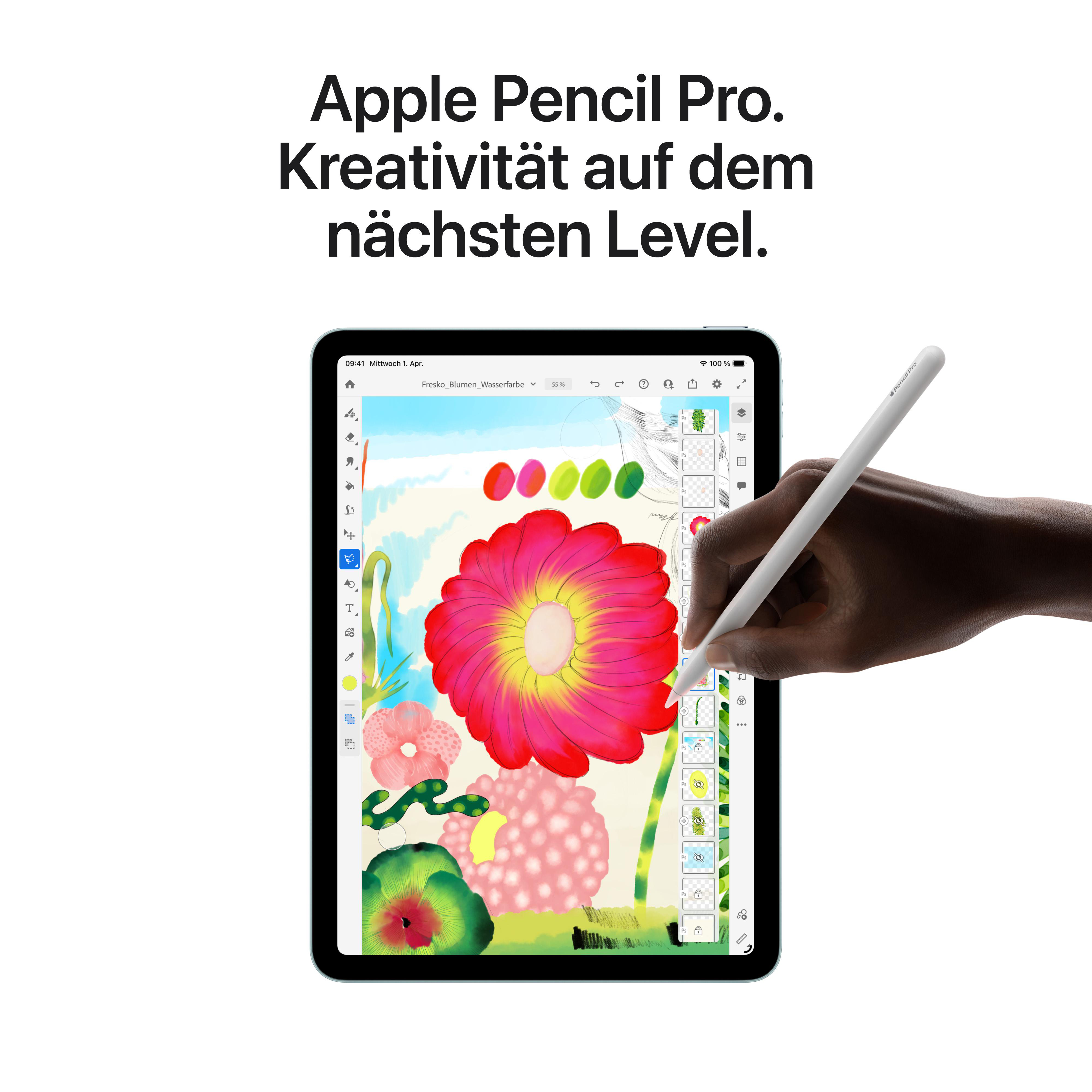 Hand nutzt Apple Pencil Pro zum Zeichnen einer Blume auf einem Tablet. Kreativität.