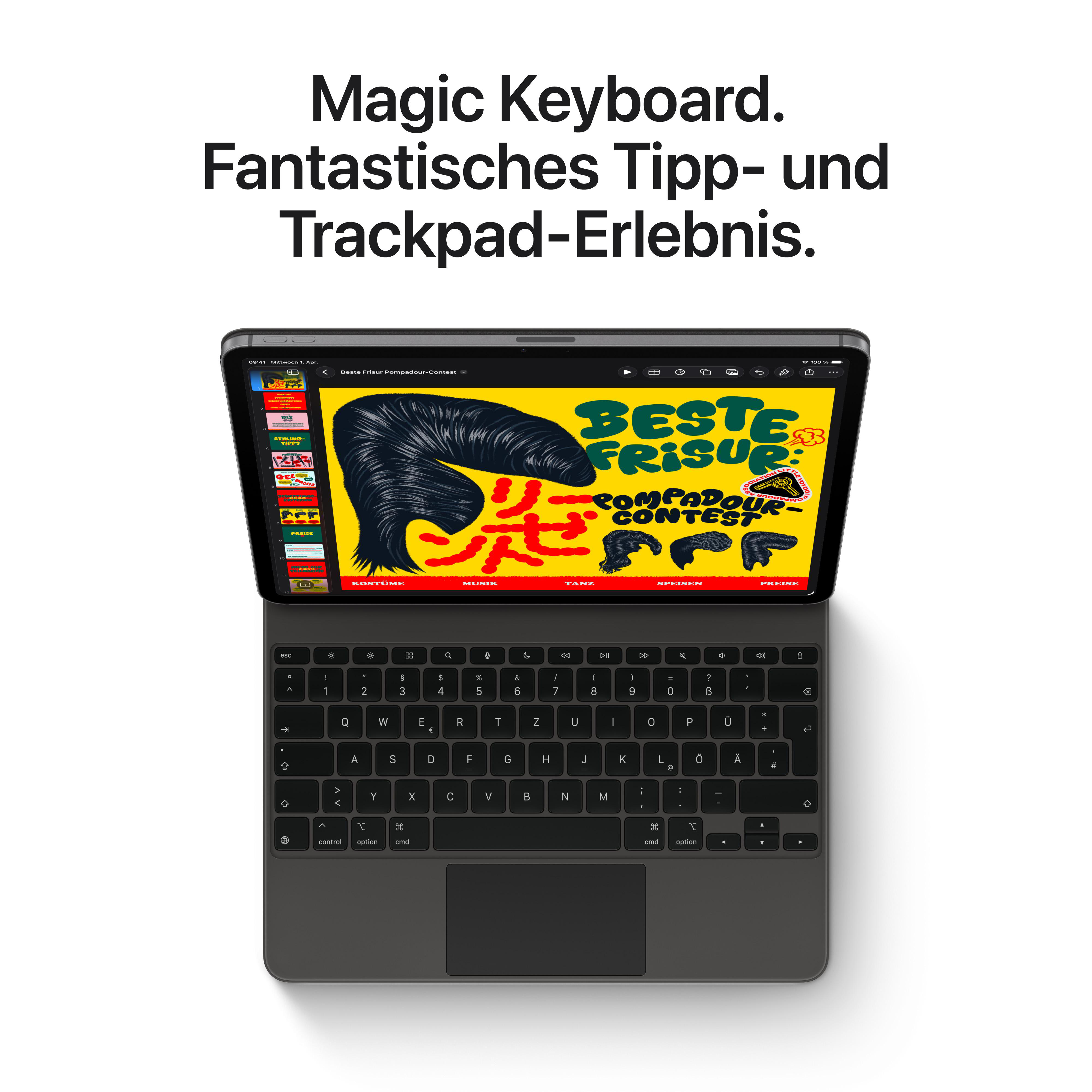 Ein Magic Keyboard liegt vor einem Tablet, das eine Frisuren-Wettbewerbsseite anzeigt.