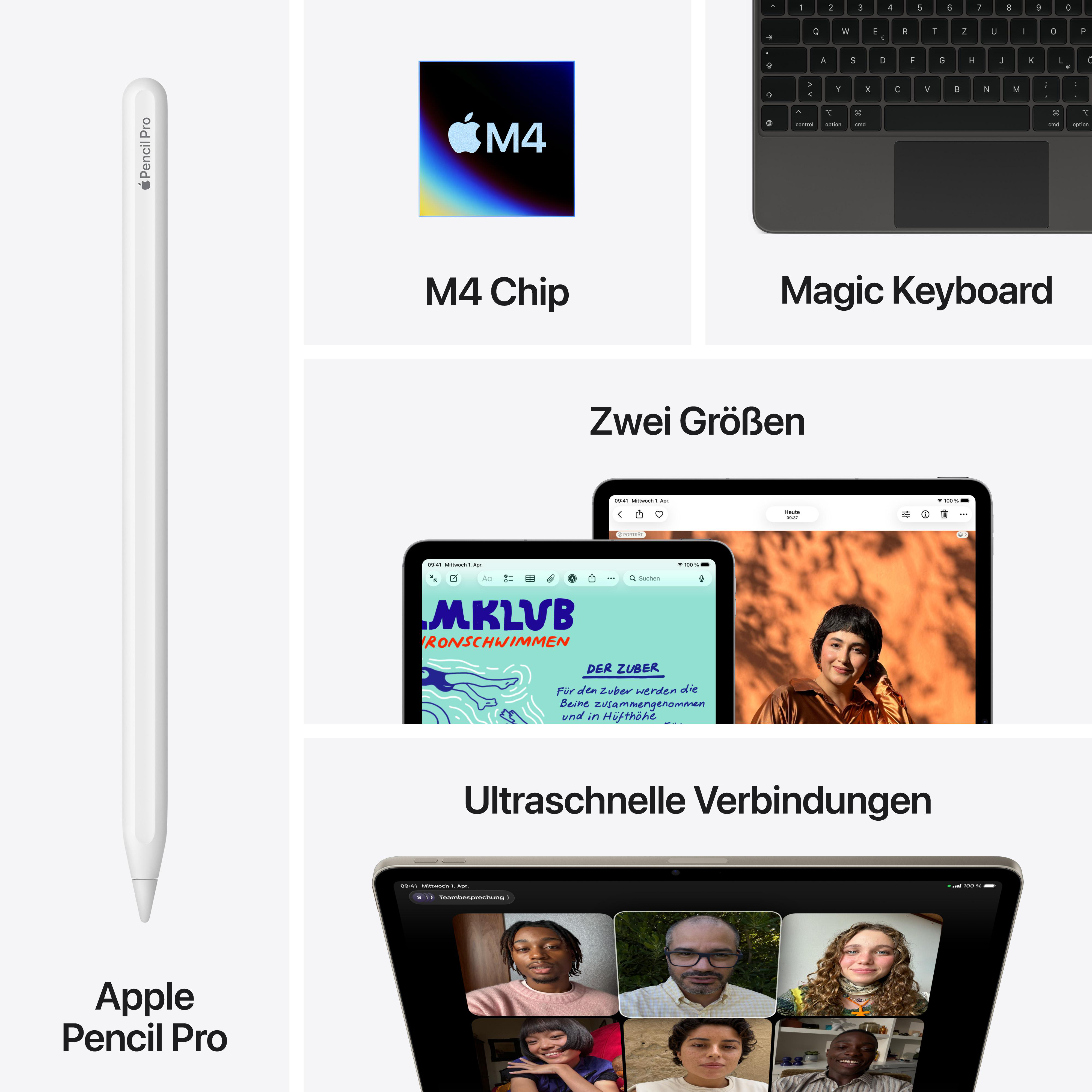 Apple Pencil Pro, M4 Chip, Magic Keyboard, Tablet-Display mit Notiz und Videoanruf.