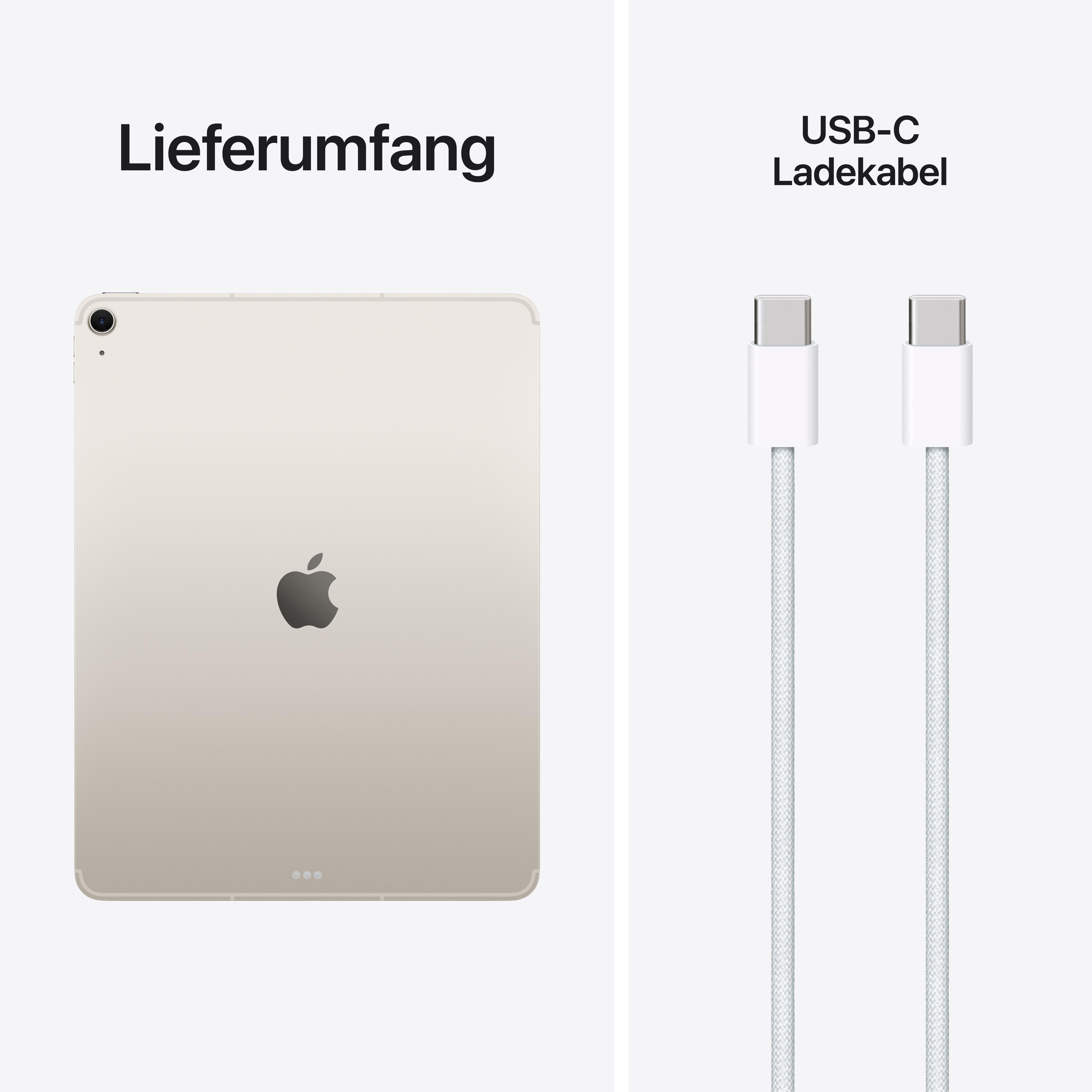 Ein hellbeiges iPad Air und zwei weiße USB-C Ladekabel.