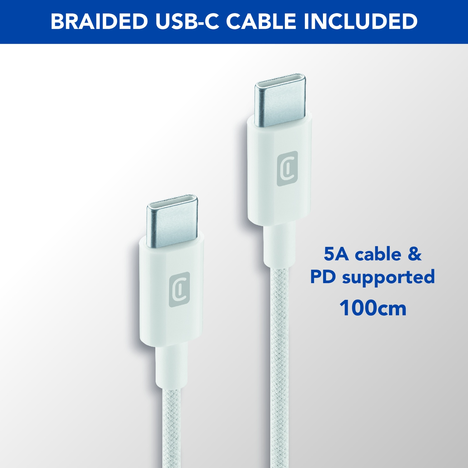 Due cavi USB-C bianchi con connettori argentati e cavo intrecciato.