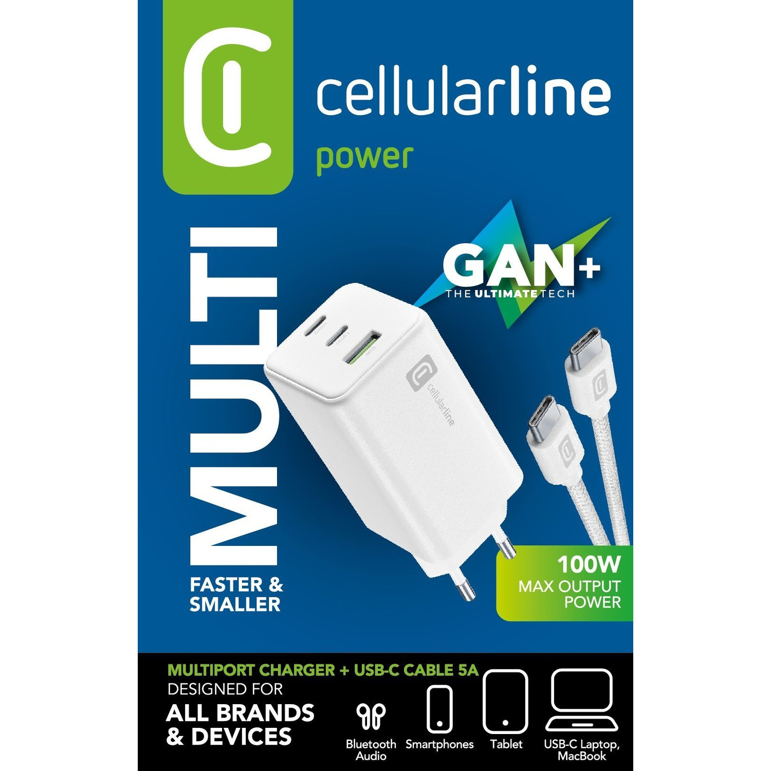 Caricatore multiport USB-C bianco con due cavi e 100W di potenza massima.