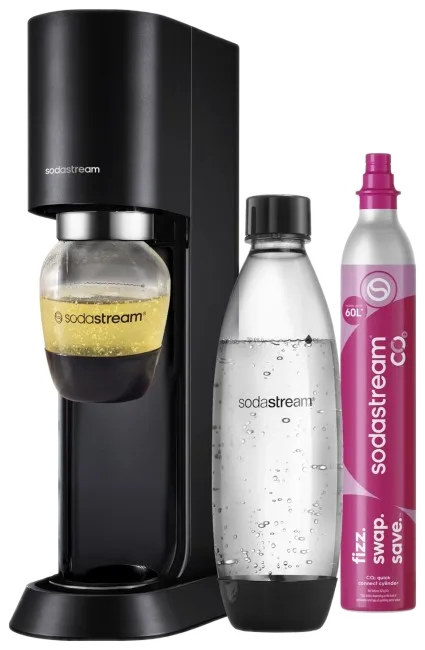 Czarny SodaStream z cylindrem CO2 i butelką wody.