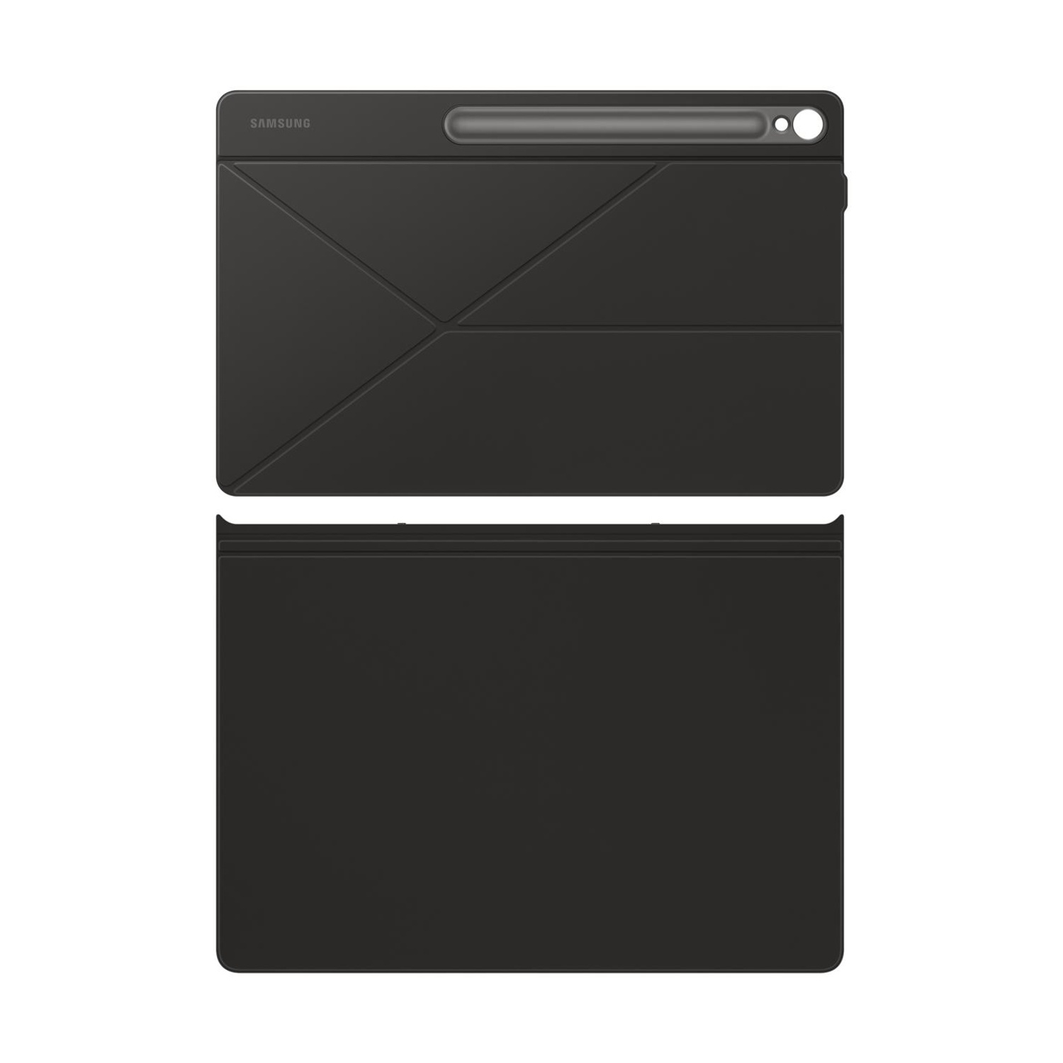 Custodia nera per tablet Samsung con portapenne. Parte superiore aperta, inferiore chiusa.