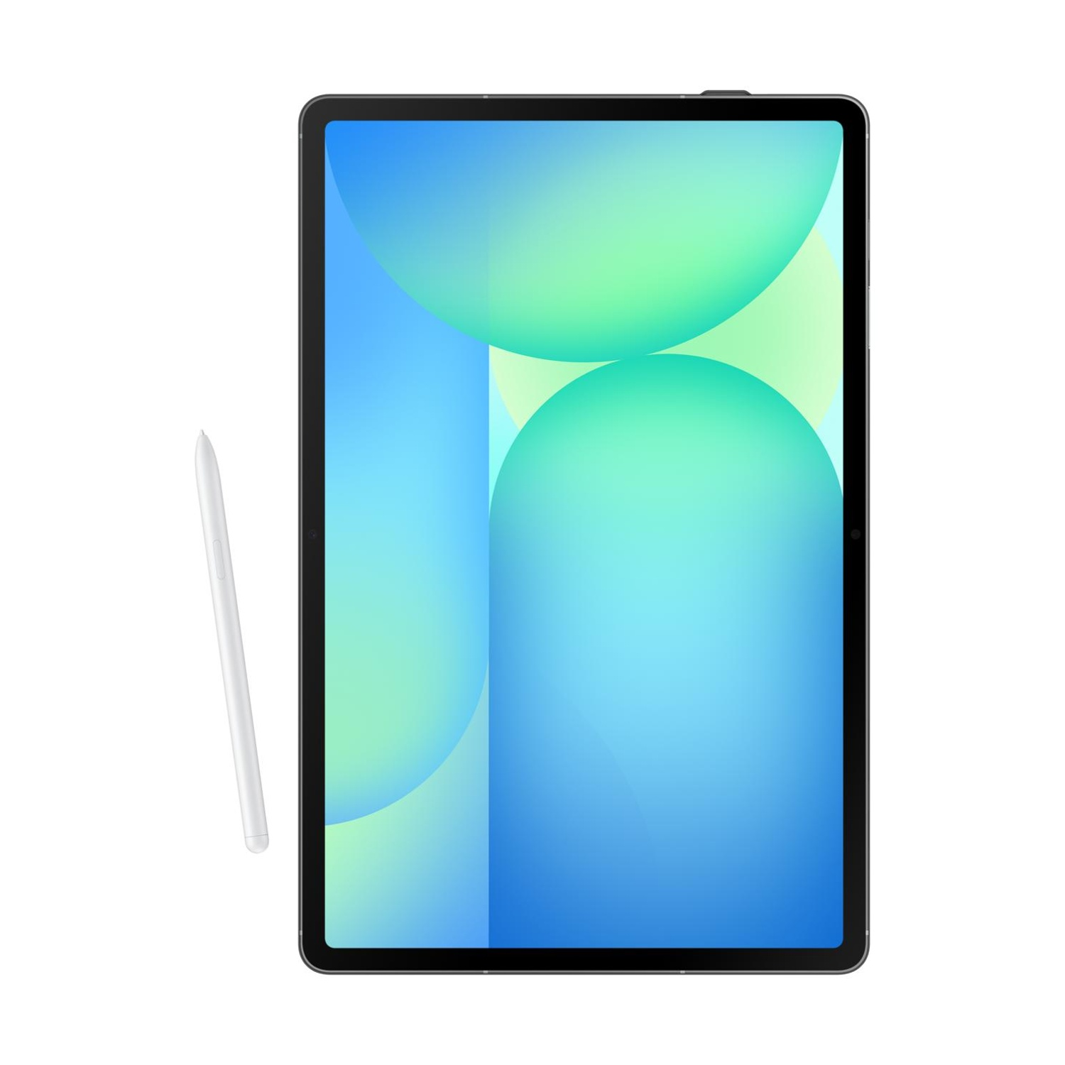 Uno stilo bianco è accanto a un tablet con sfondo blu-verde.