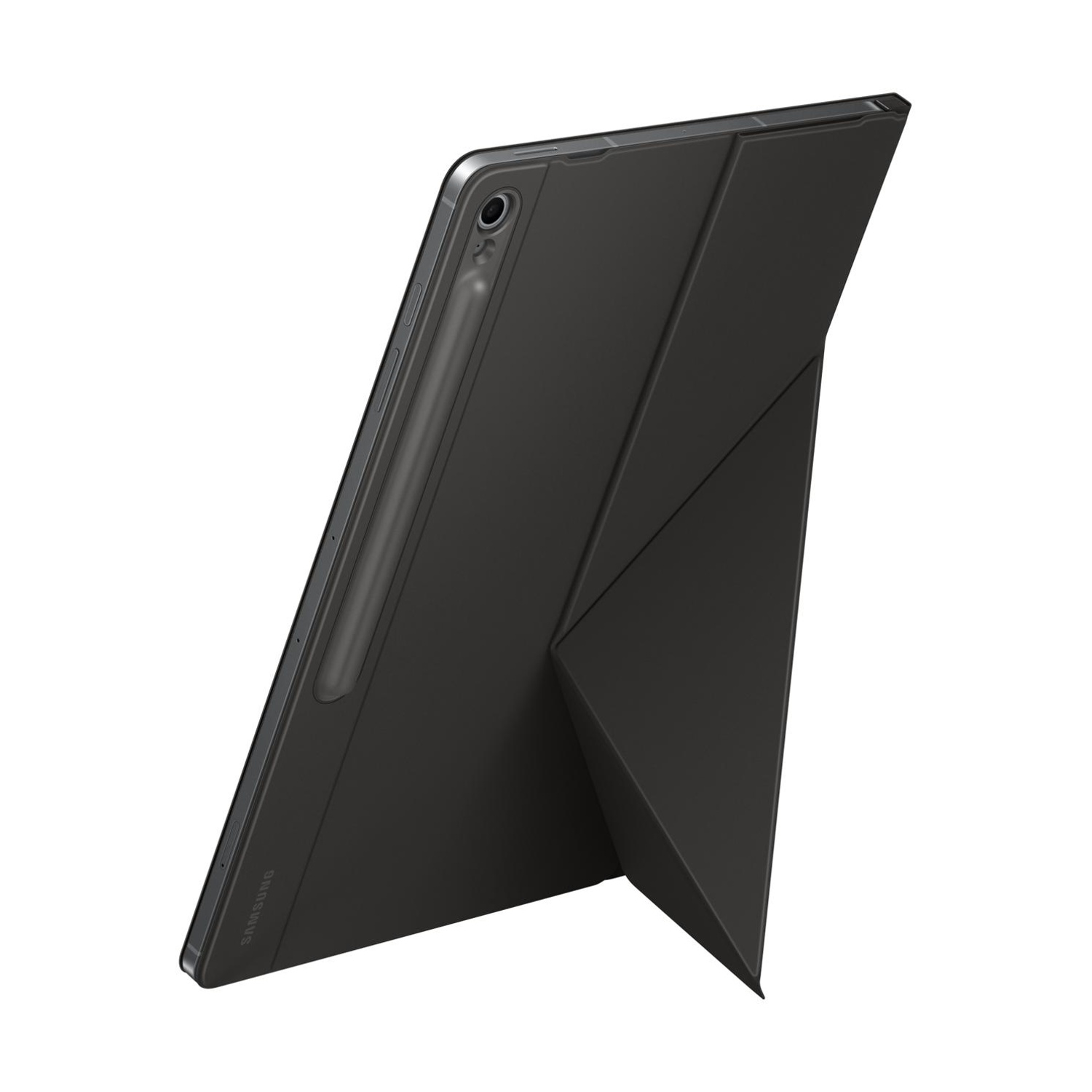 Un tablet nero con portapenne in una custodia piegata, su sfondo bianco.